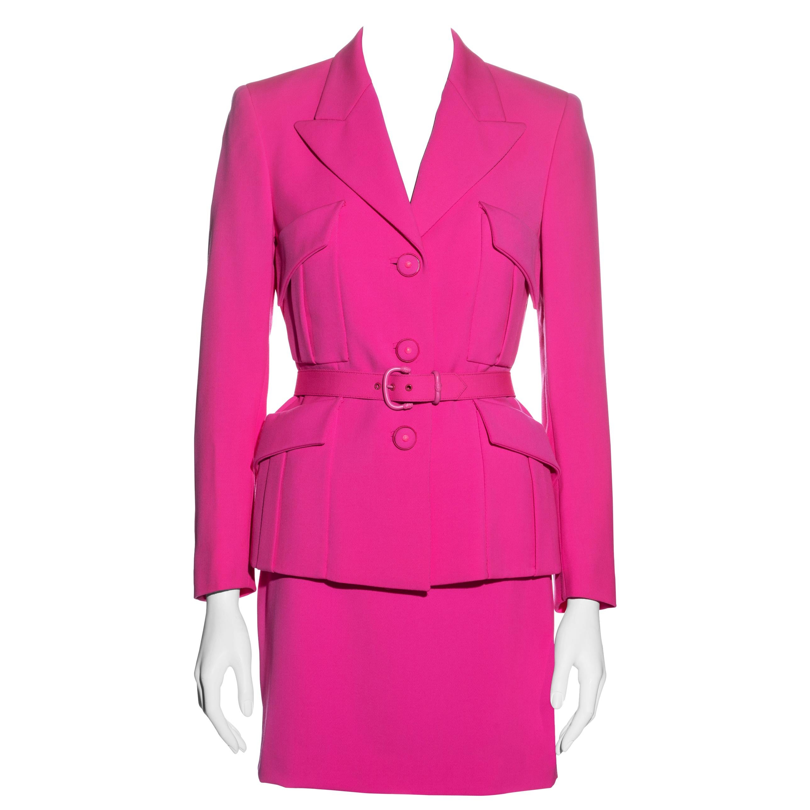 Gianni Versace neon pink wool monochromatic mini skirt suit, fw 1996 For Sale