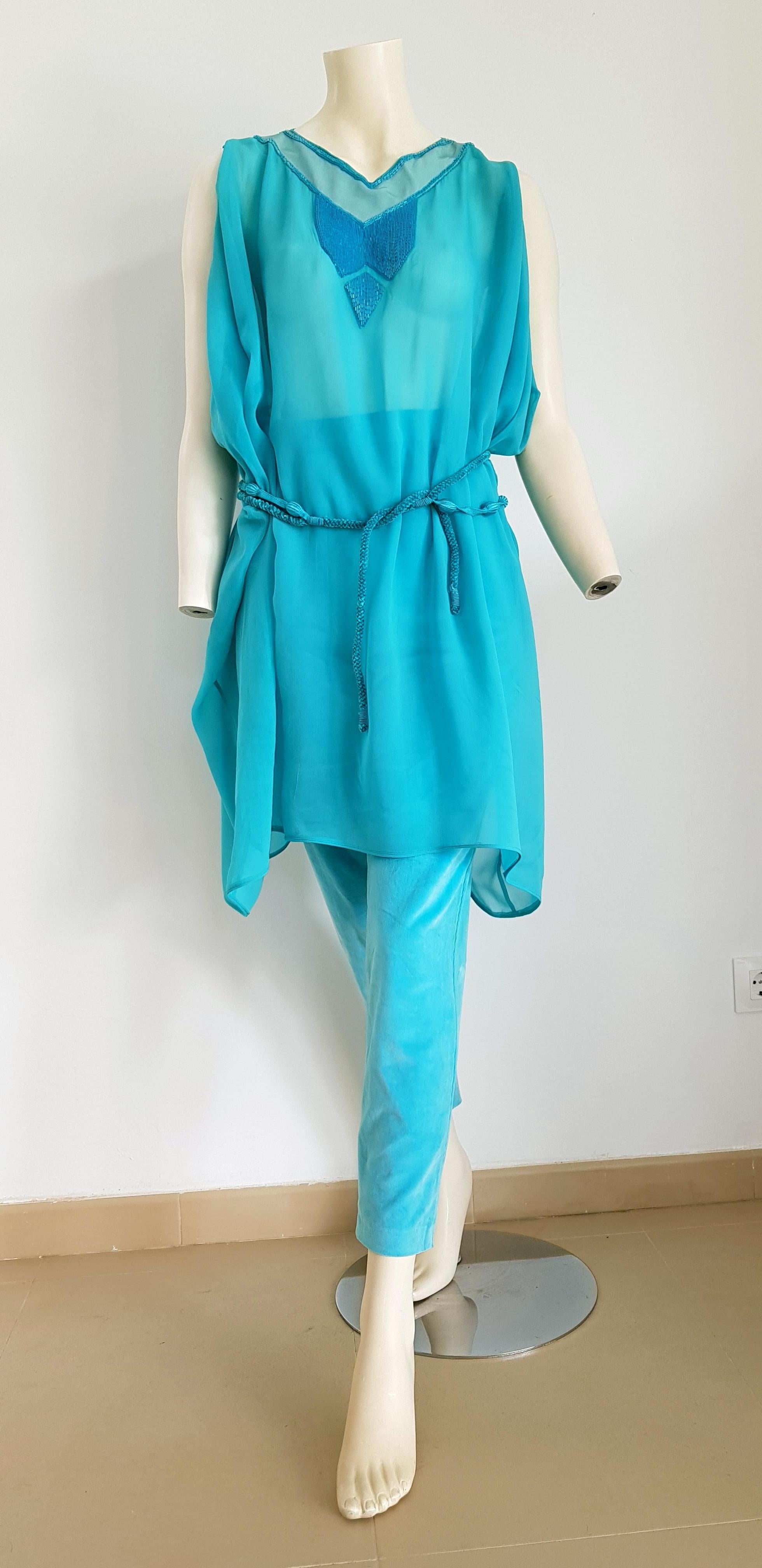Gianni VERSACE Haute Couture single piece unique design silk chiffon tunic and silk velvet pants two belts turquoise ensemble - Unworn, New

SIZE: equivalent to about Small / Medium, please review approx measurements as follows in cm. 
TUNIC: lenght
