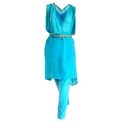 Gianni VERSACE "New" Couture Silk Tunic Velvet Pants 2 Belts Turquoise Ensemble