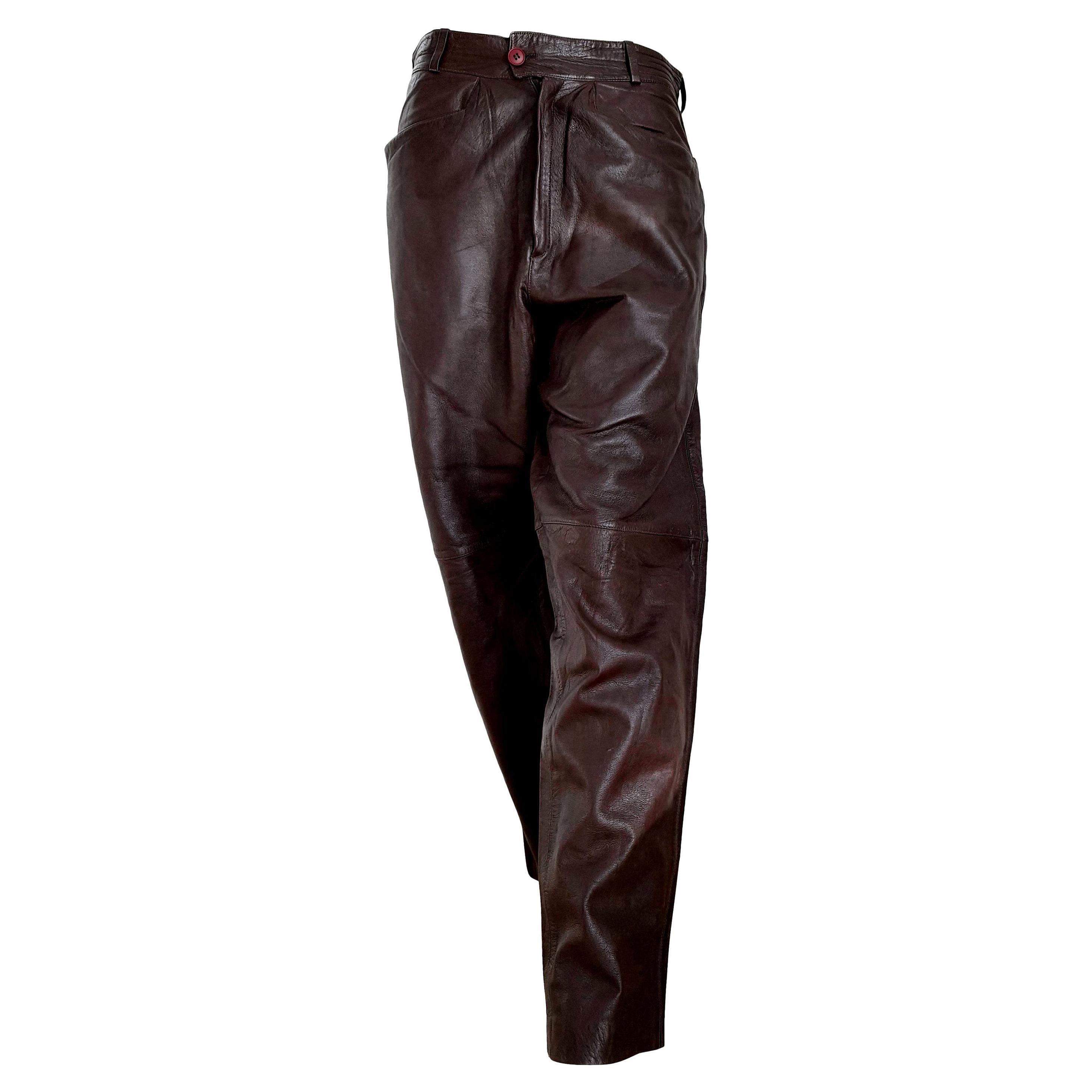 Gianni VERSACE "New" men's Unisex Brown Light Burgundy Tone Leather Pants Unworn For Sale
