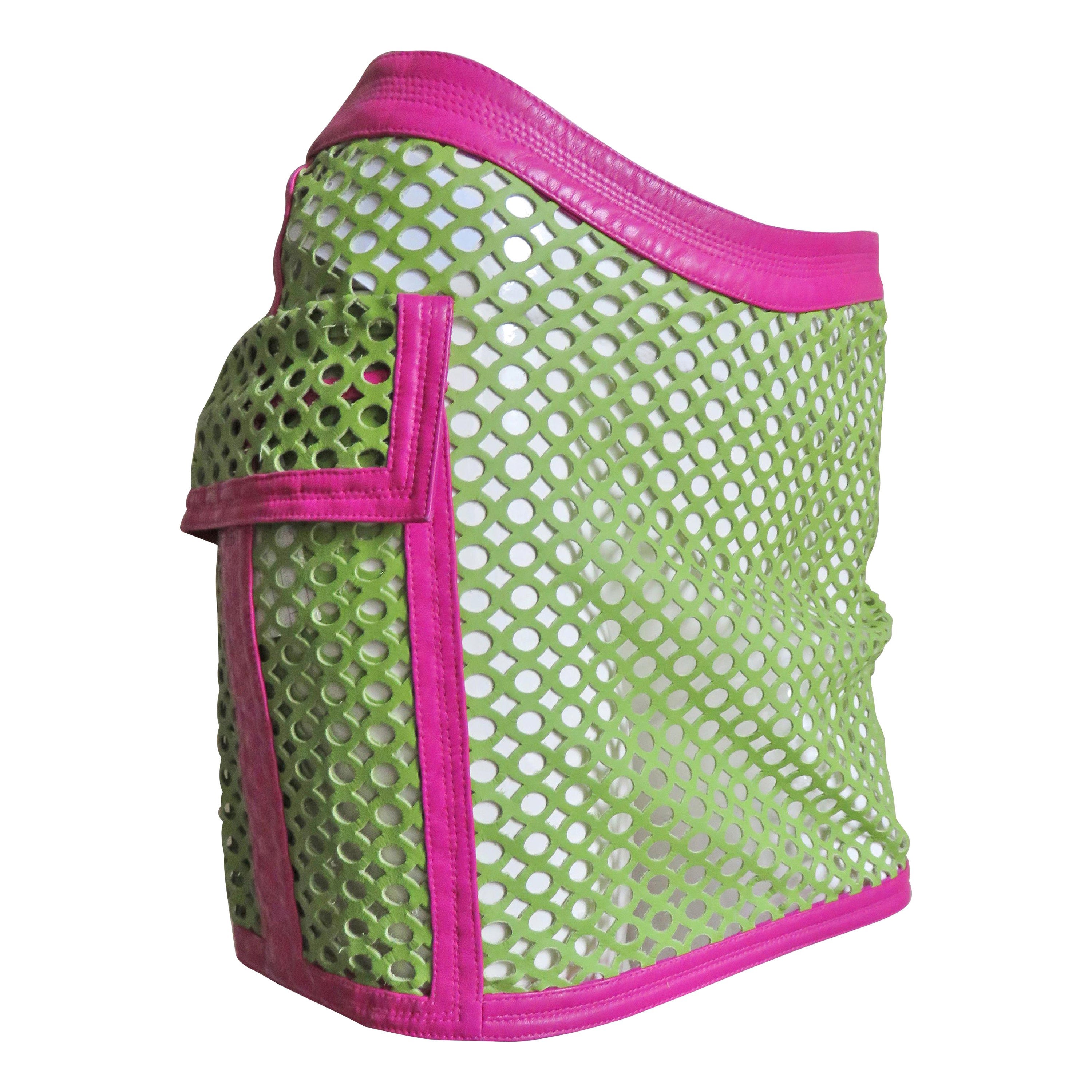 Gianni Versace New Perforated Leather Color Block Mini Skirt 1990s