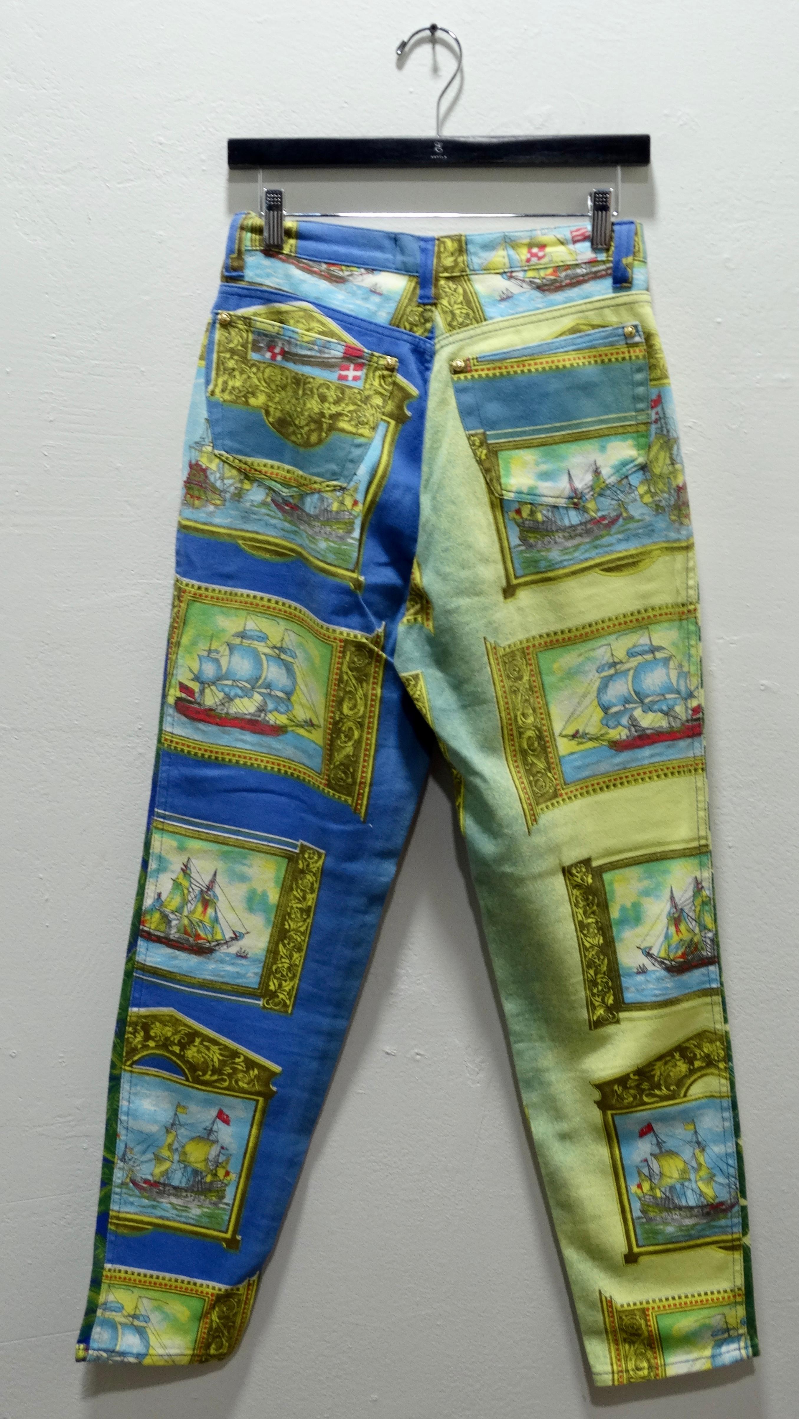 How great are these fish print jeans by Gianni Versace Couture circa 1990s?! The fabulous blue base on the front make the multi-colored fish pop and the back of the jeans are super unique too! Featuring framed sailboat paintings these pants are sure