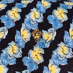 GIANNI VERSACE One Size Navy Yellow Floral Silk Tie