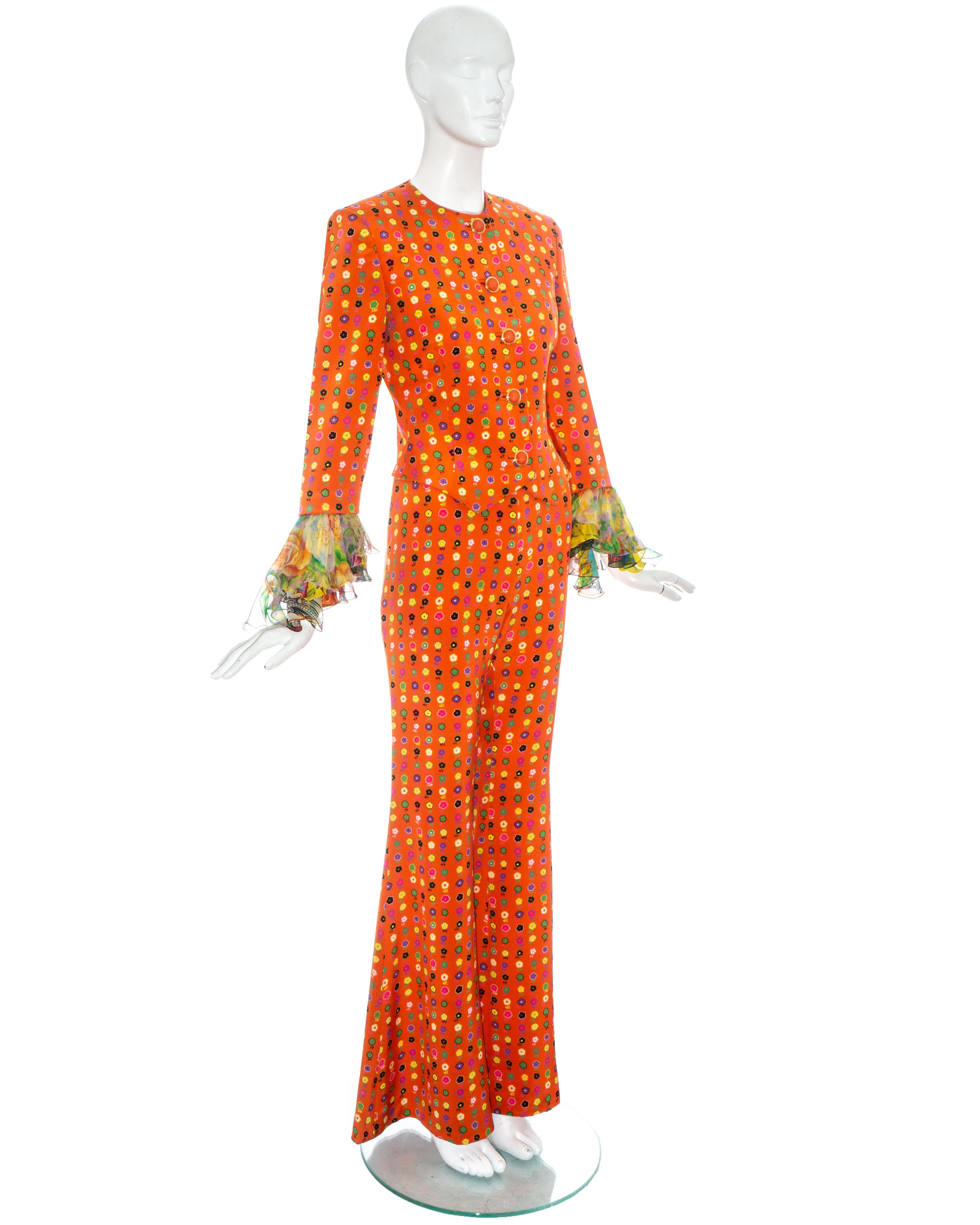 Orange Gianni Versace orange floral printed silk flared pant suit, ss 1993 For Sale