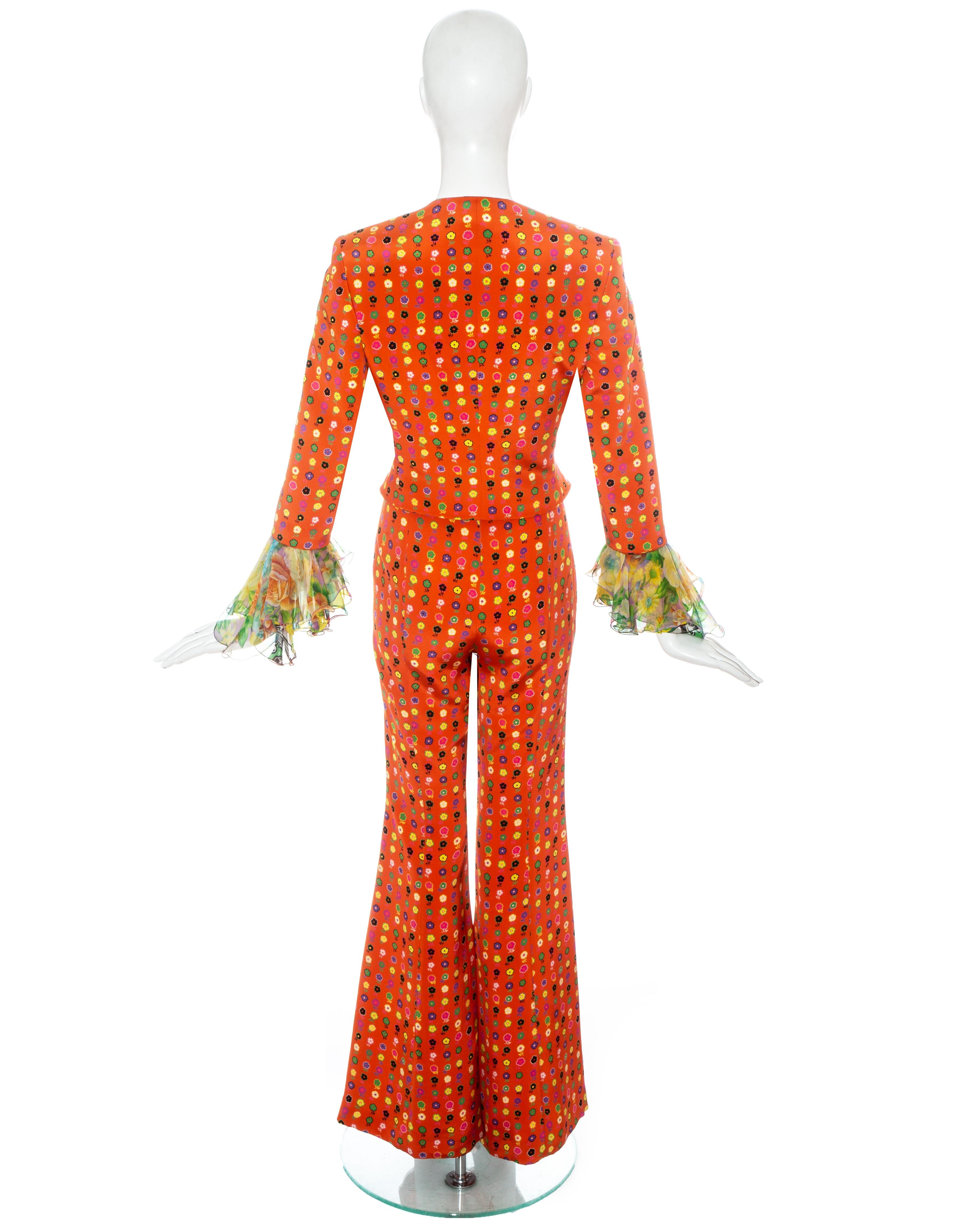 Gianni Versace orange floral printed silk flared pant suit, ss 1993 In Excellent Condition For Sale In London, GB