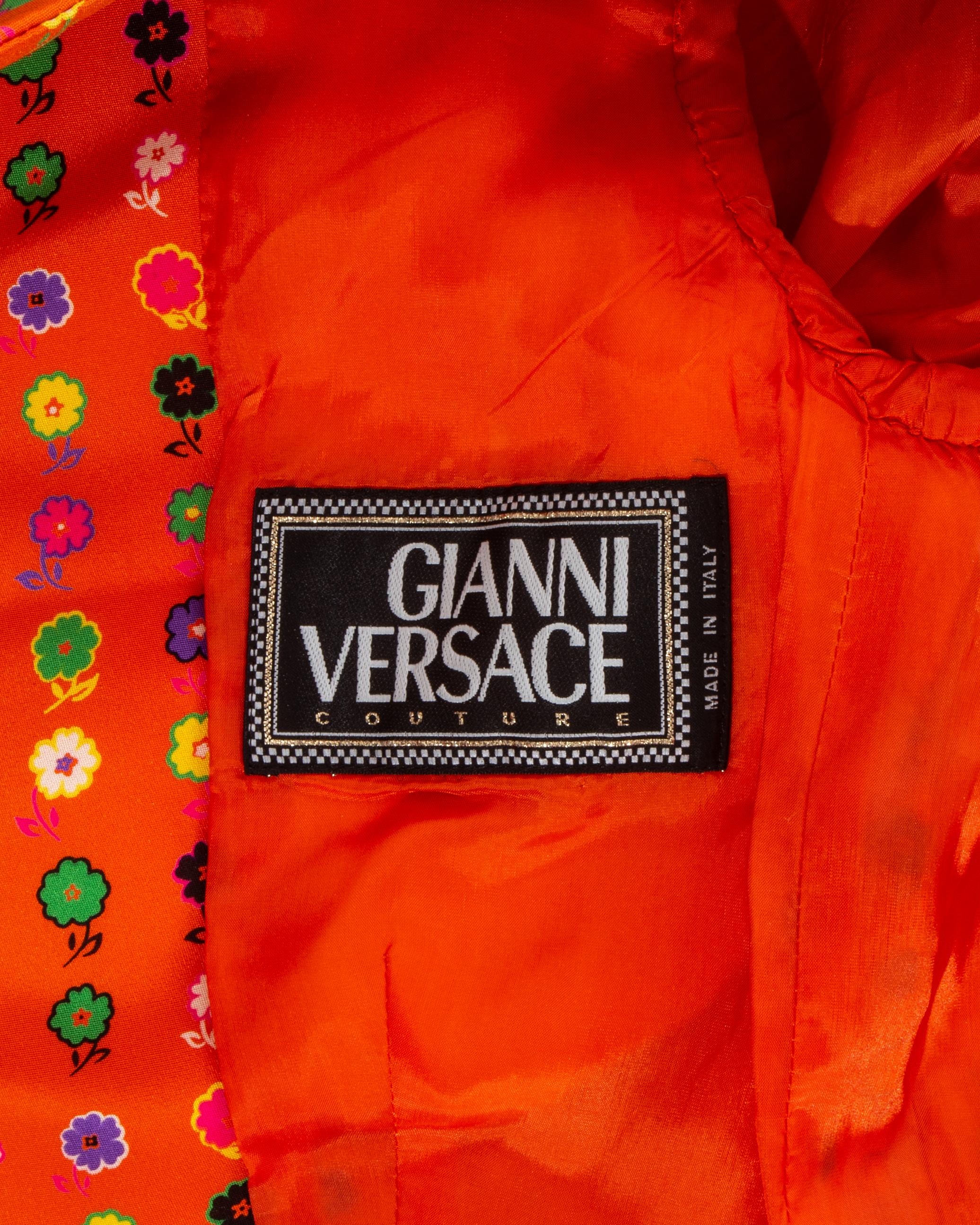 Women's Gianni Versace orange floral printed silk flared pant suit, ss 1993 For Sale
