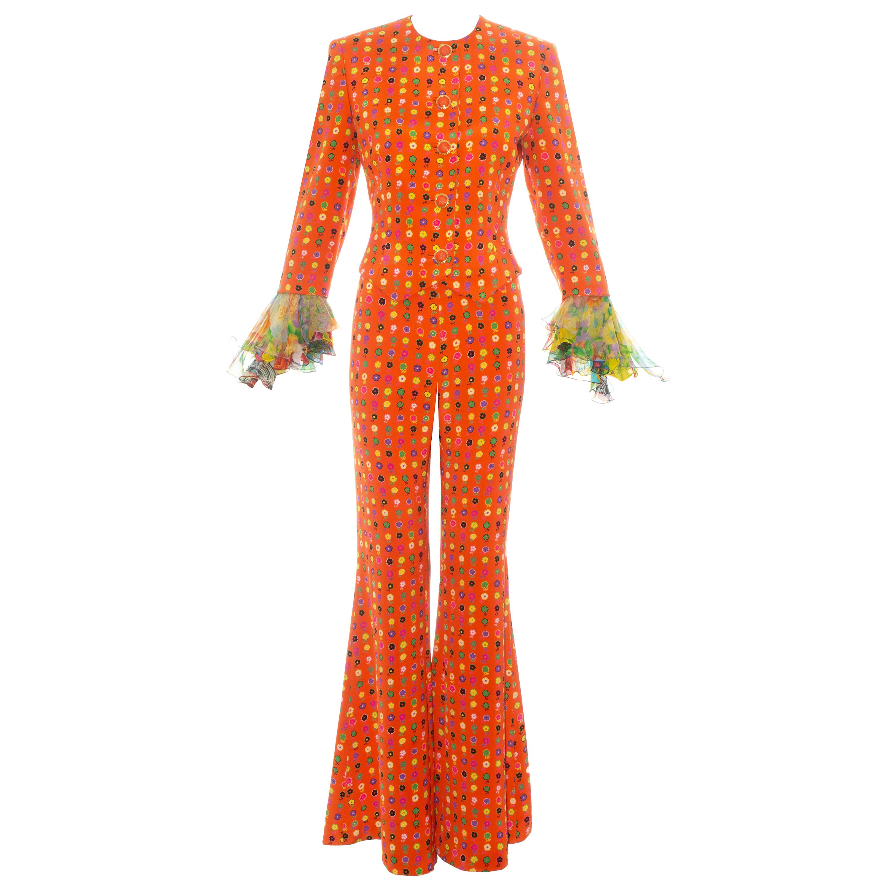 Gianni Versace orange floral printed silk flared pant suit, ss 1993 For Sale
