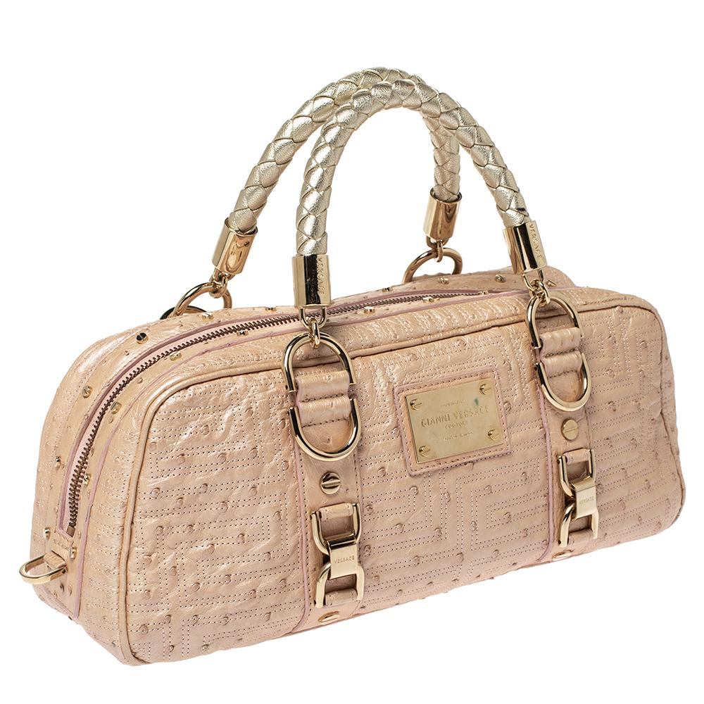Women's Gianni Versace Peach Quilted Ostrich Embossed Leather Bowler Bag