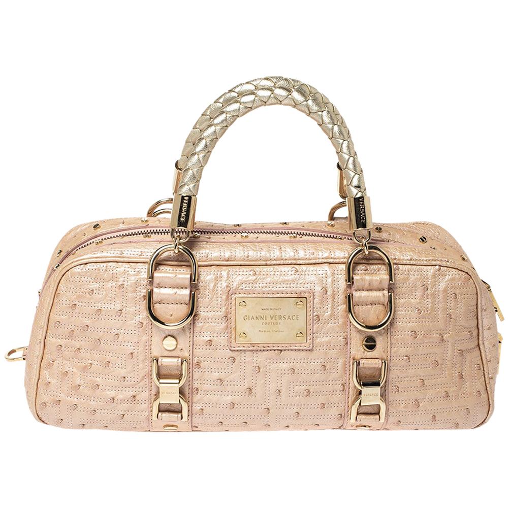 Gianni Versace Peach Quilted Ostrich Embossed Leather Bowler Bag