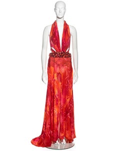 Gianni Versace pink and orange jungle-print silk evening dress, ss 2000