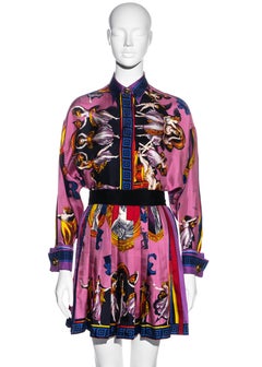 Gianni Versace pink neoclassical printed silk pleated mini skirt suit, fw 1991