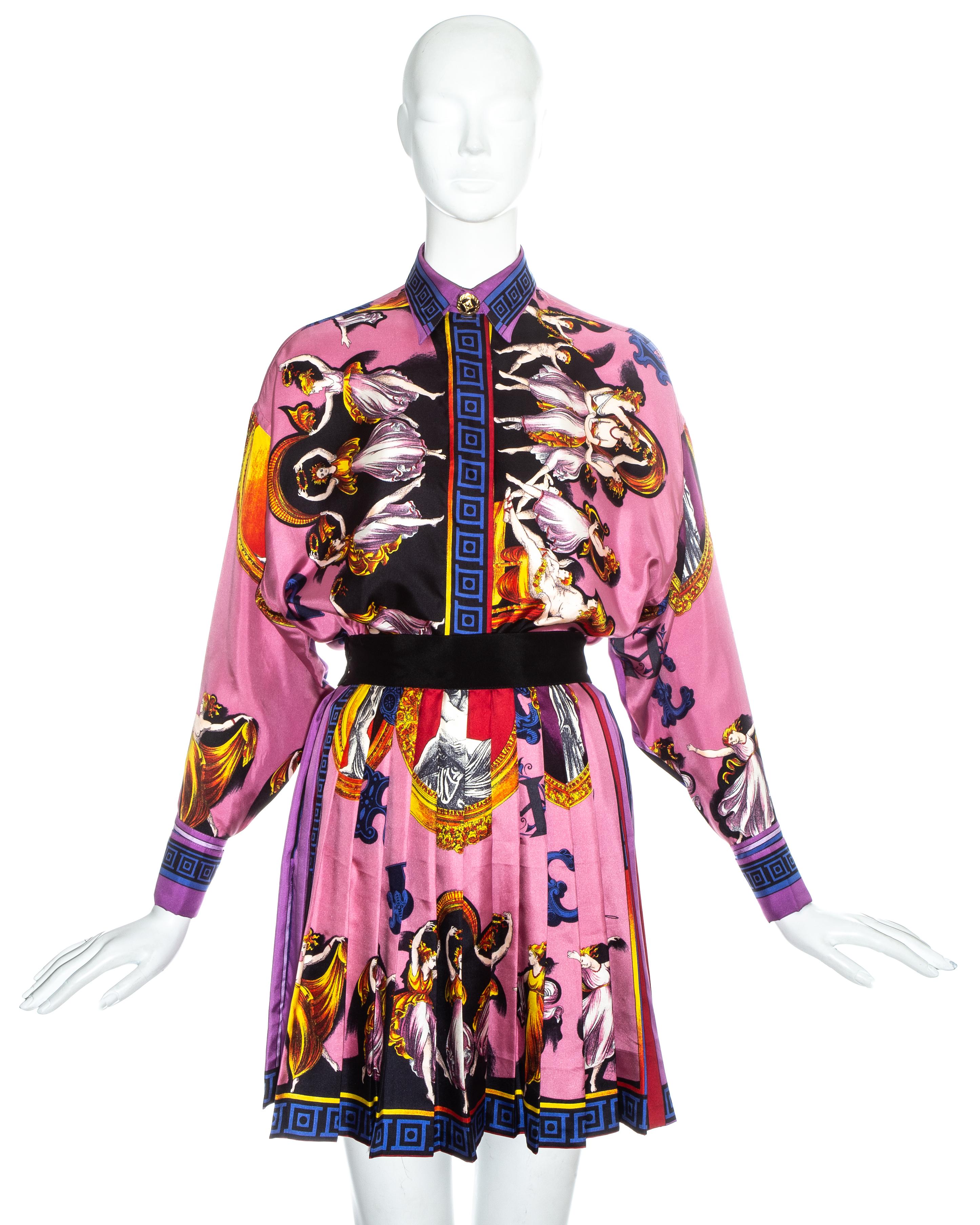 Gianni Versace pink neoclassical printed silk skirt suit, fw 1991 (Pink)