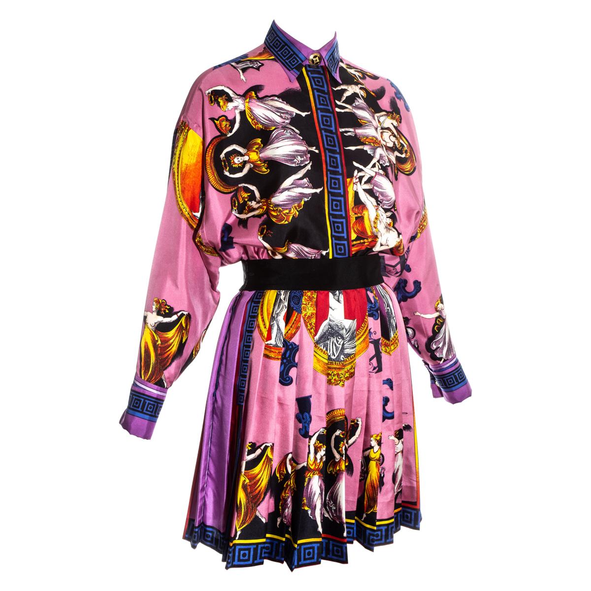 Gianni Versace pink neoclassical printed silk skirt suit, fw 1991