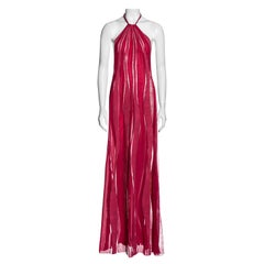 Gianni Versace maxi vestido rosa de seda, cuero y encaje con cuello halter, fw 2000