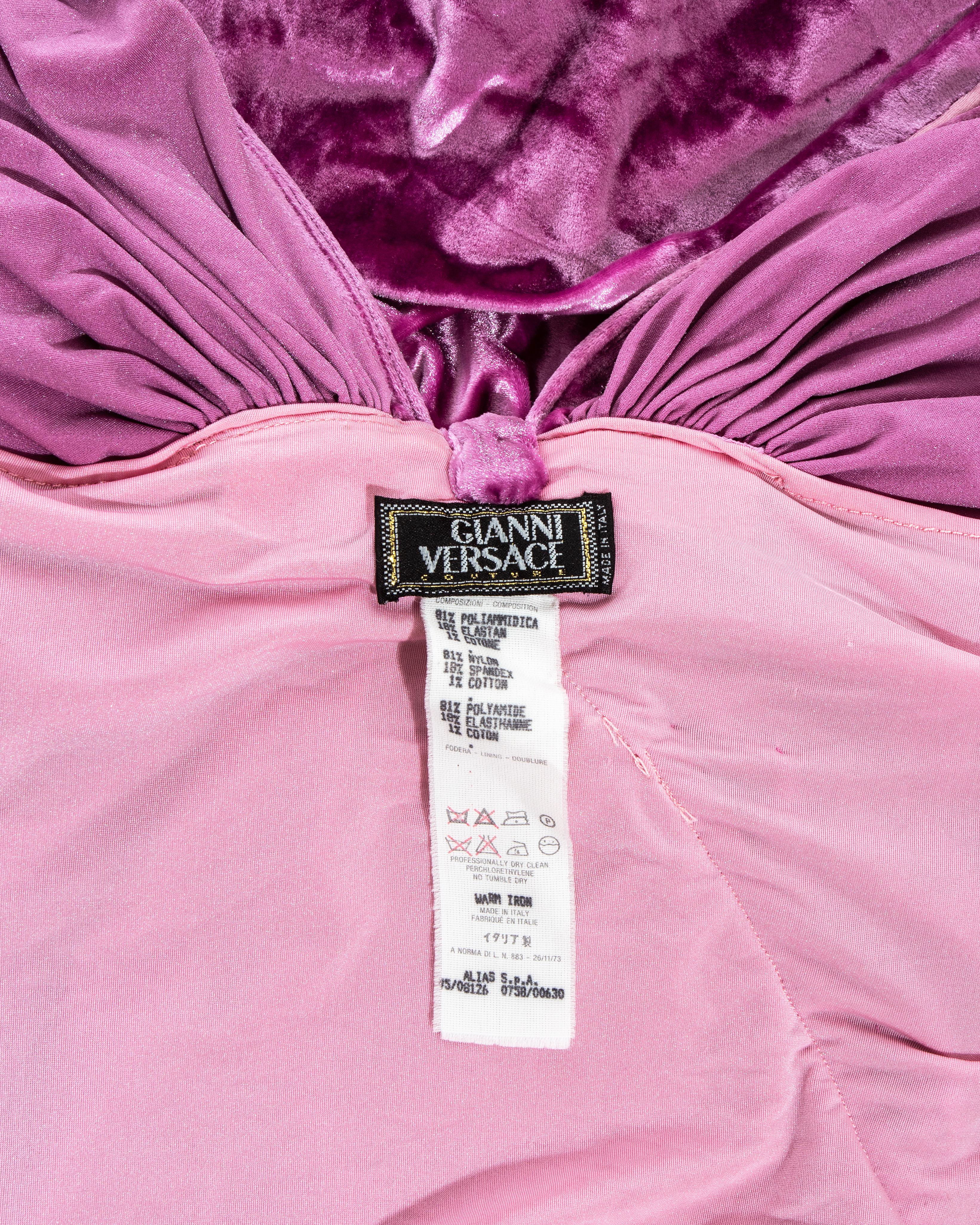 Gianni Versace pink velvet ruched figure hugging evening dress, fw 1995 3