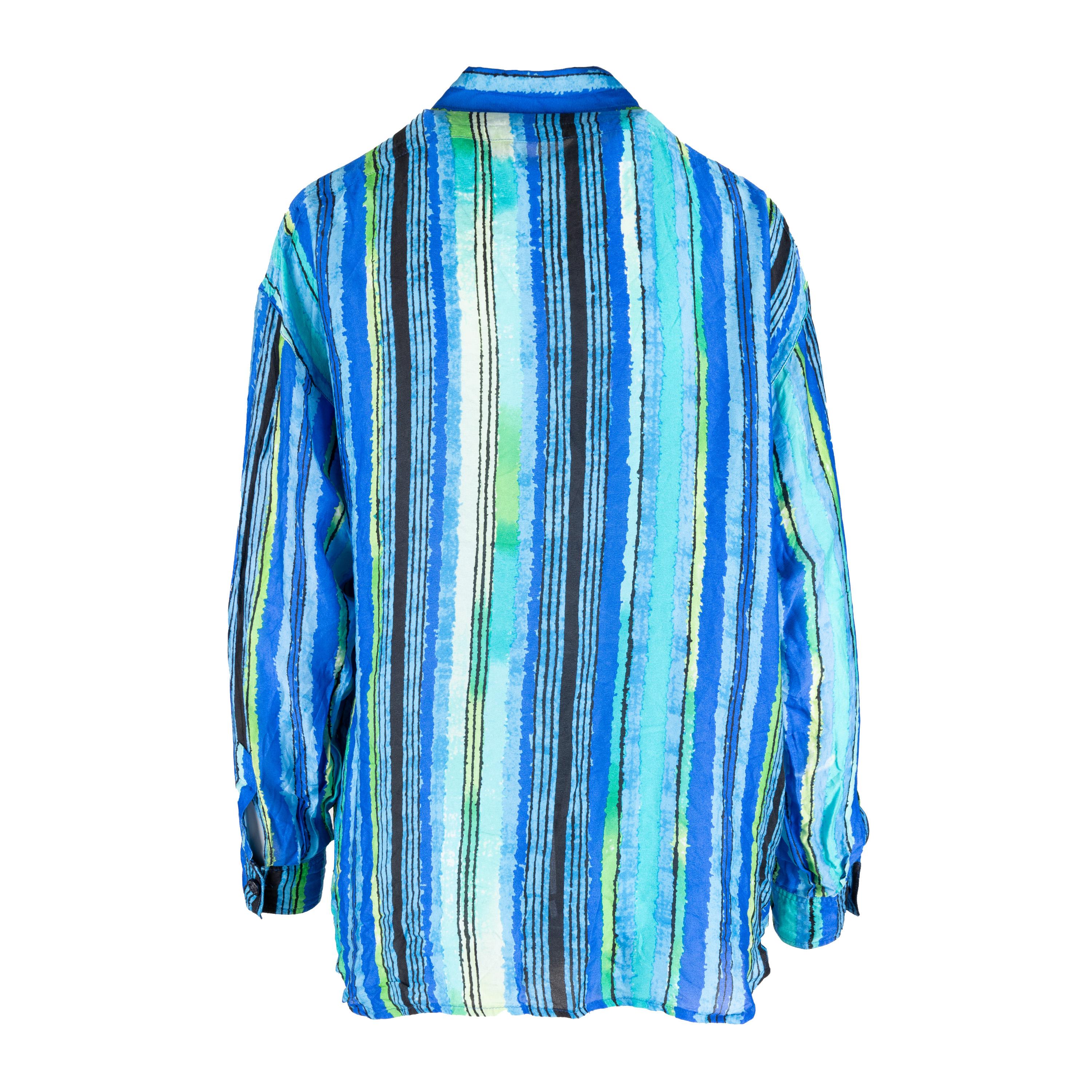 This long-sleeve Gianni Versace shirt is crafted from soft, lightweight fabric with a vibrant multicolor stripe pattern. The classic shirt collar and cuffs add an elegant finish, and it's finished with black buttons showcasing the signature Versace