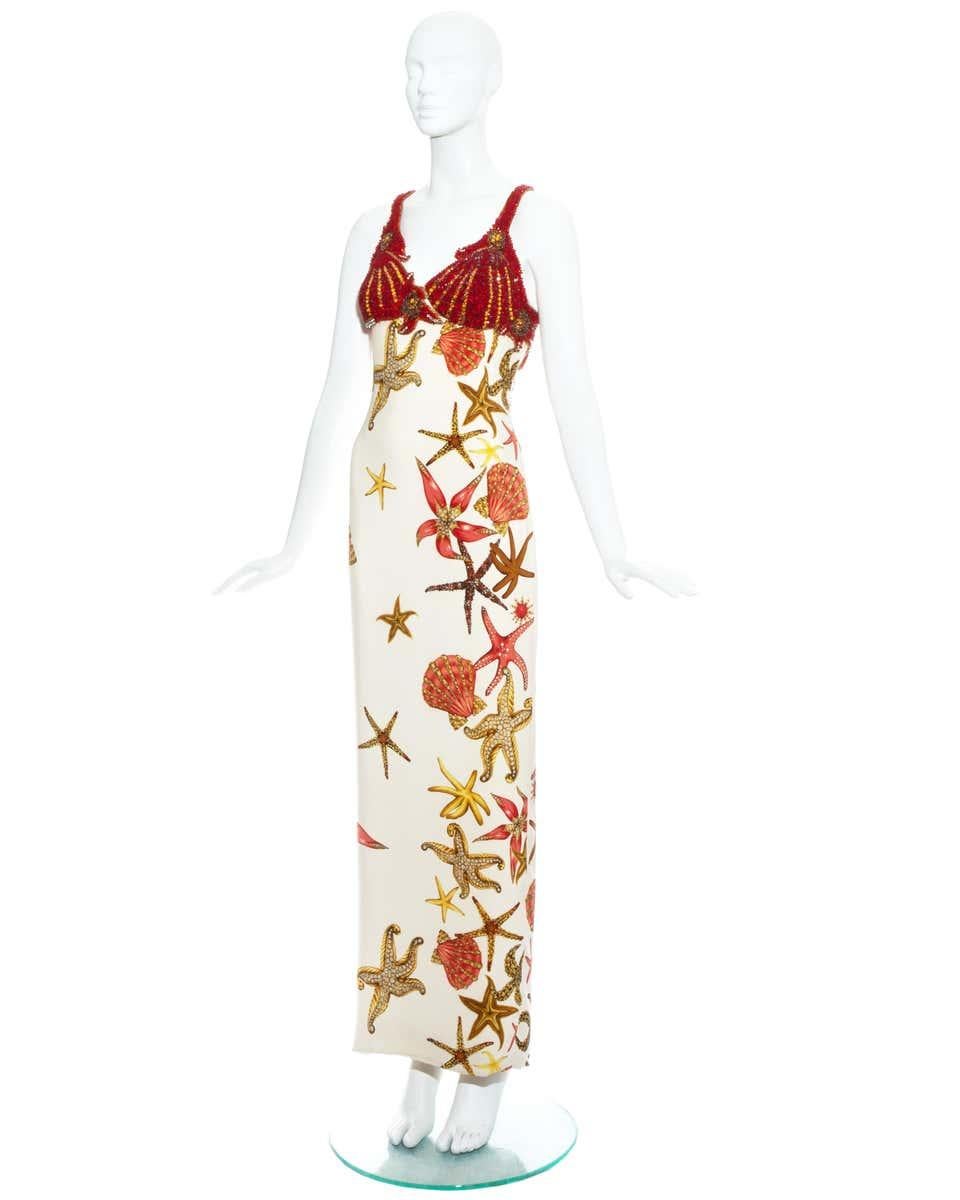 Beige Gianni Versace printed silk and beaded 'Sea Shell' maxi dress, ss 1992