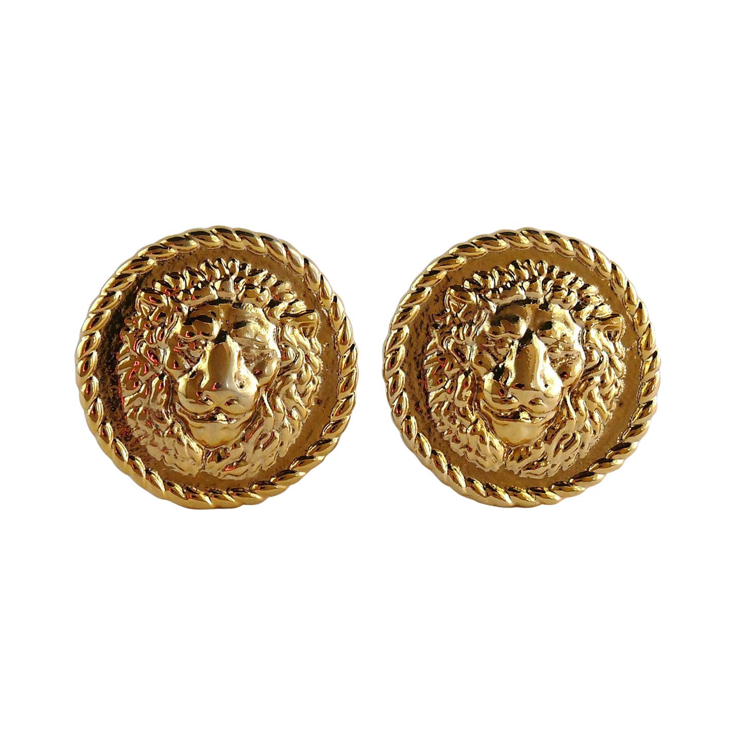 Gianni Versace Profumi Vintage Gold Toned Lion Head Clip-On Earrings For Sale