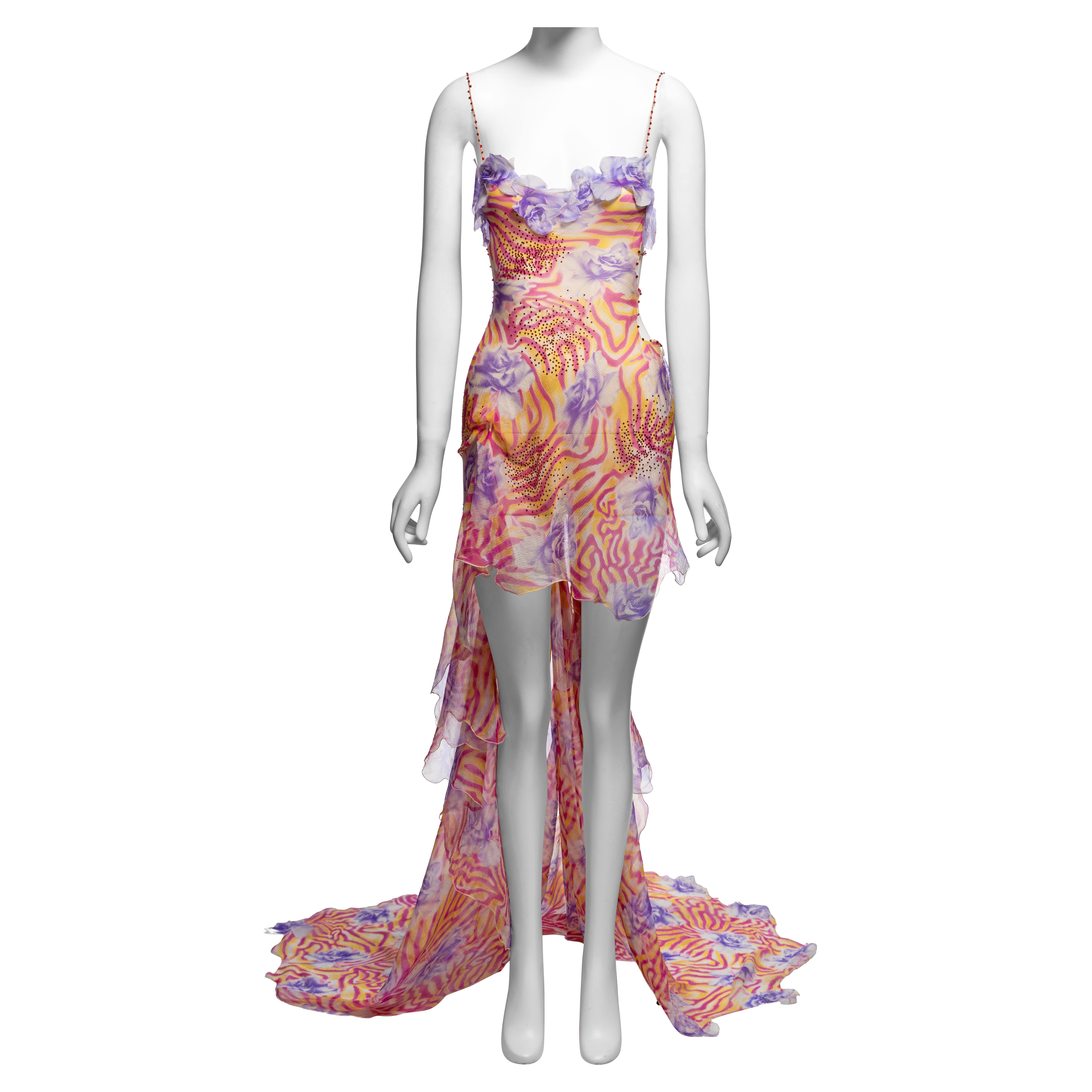Gianni Versace Psychedelic Print Silk with Crystal Draped Evening Dress, FW 1999
