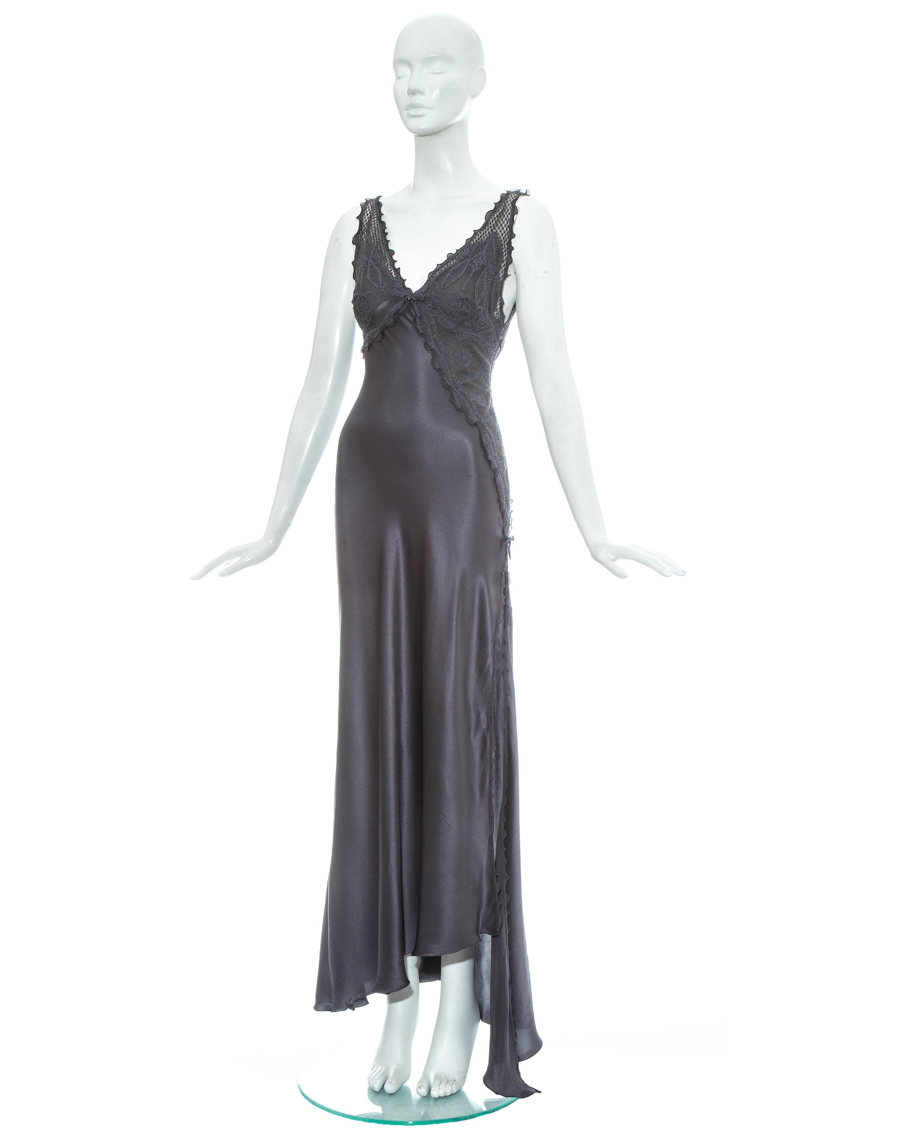1990s gianni versace black silk chiffon & lace lingerie gown with high slit