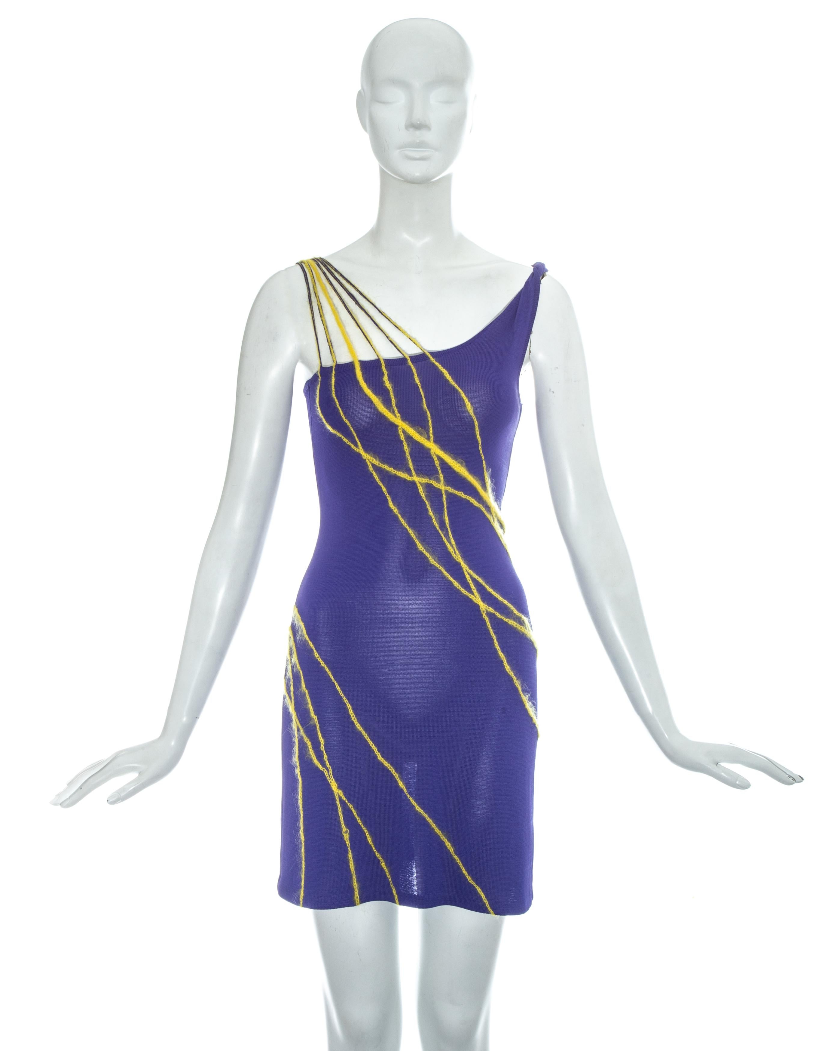 Gianni Versace purple rayon knitted mini dress with yellow mohair string straps and appliqués. 

Spring-Summer 1998