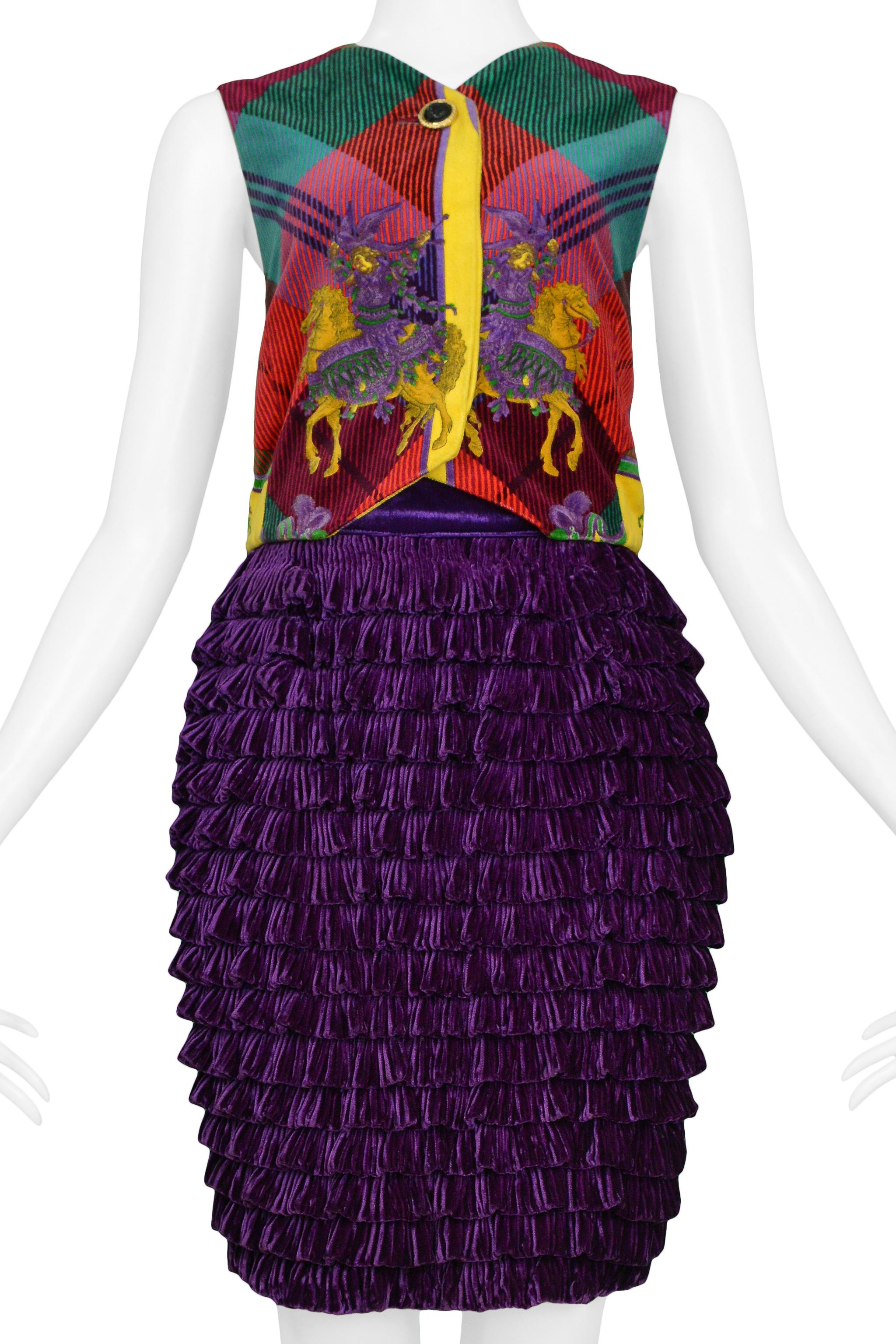 Black Gianni Versace Rare Velvet Plaid Equestrian Vest & Ruffle Skirt Ensemble For Sale