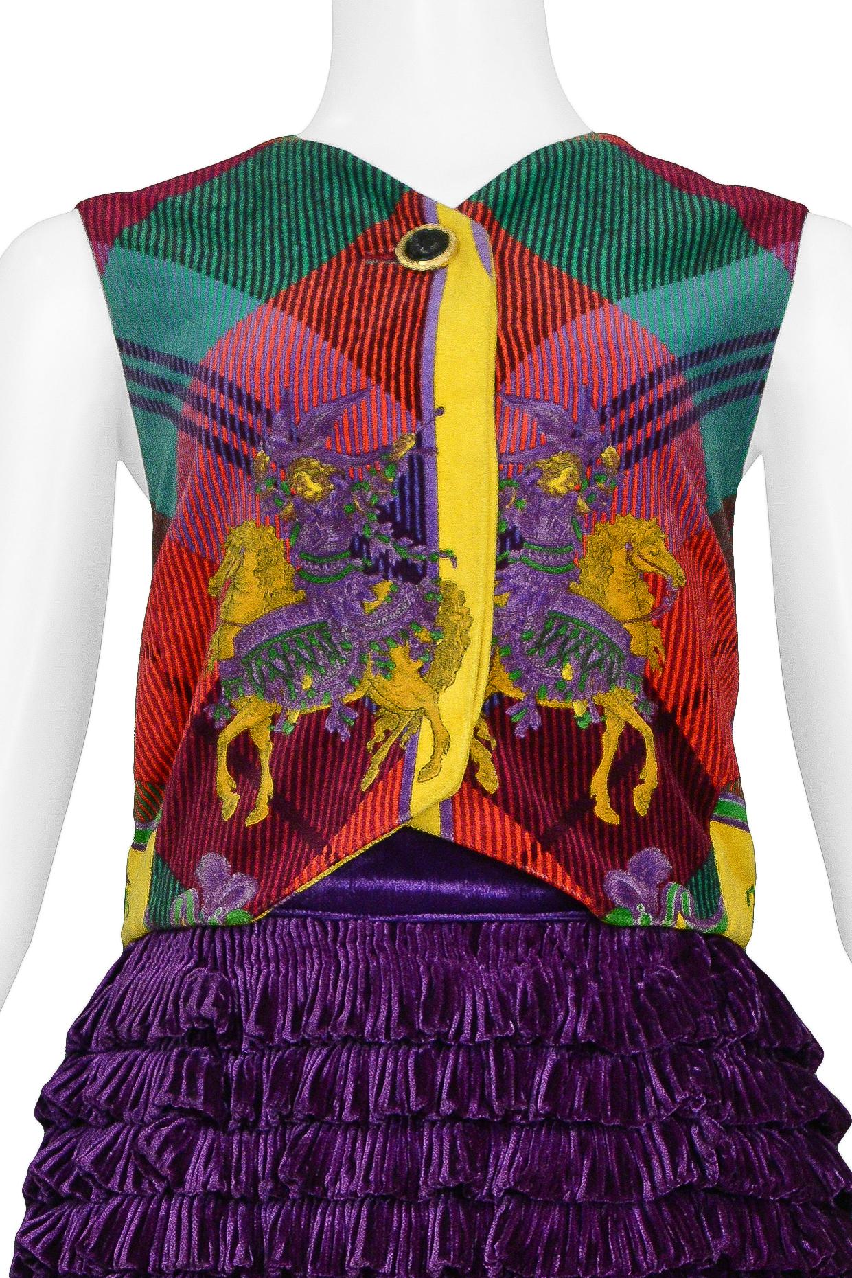 Gianni Versace Rare Velvet Plaid Equestrian Vest & Ruffle Skirt Ensemble In Excellent Condition For Sale In Los Angeles, CA