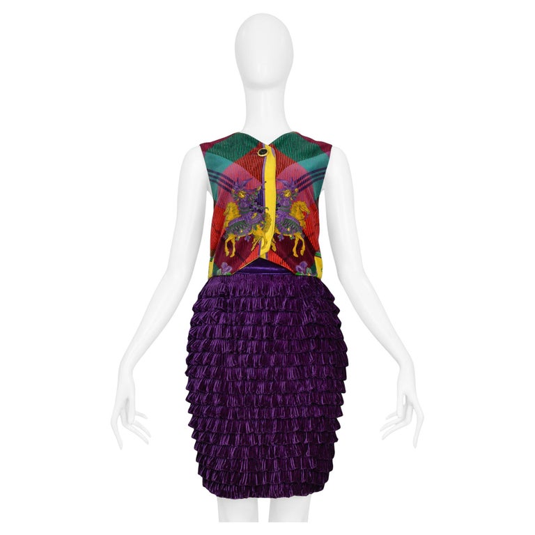 Gianni Versace Rare Velvet Plaid Equestrian Vest and Ruffle Skirt Ensemble For Sale at gianni versace evening ensemble, evening ensemble, gianni versace ensemble