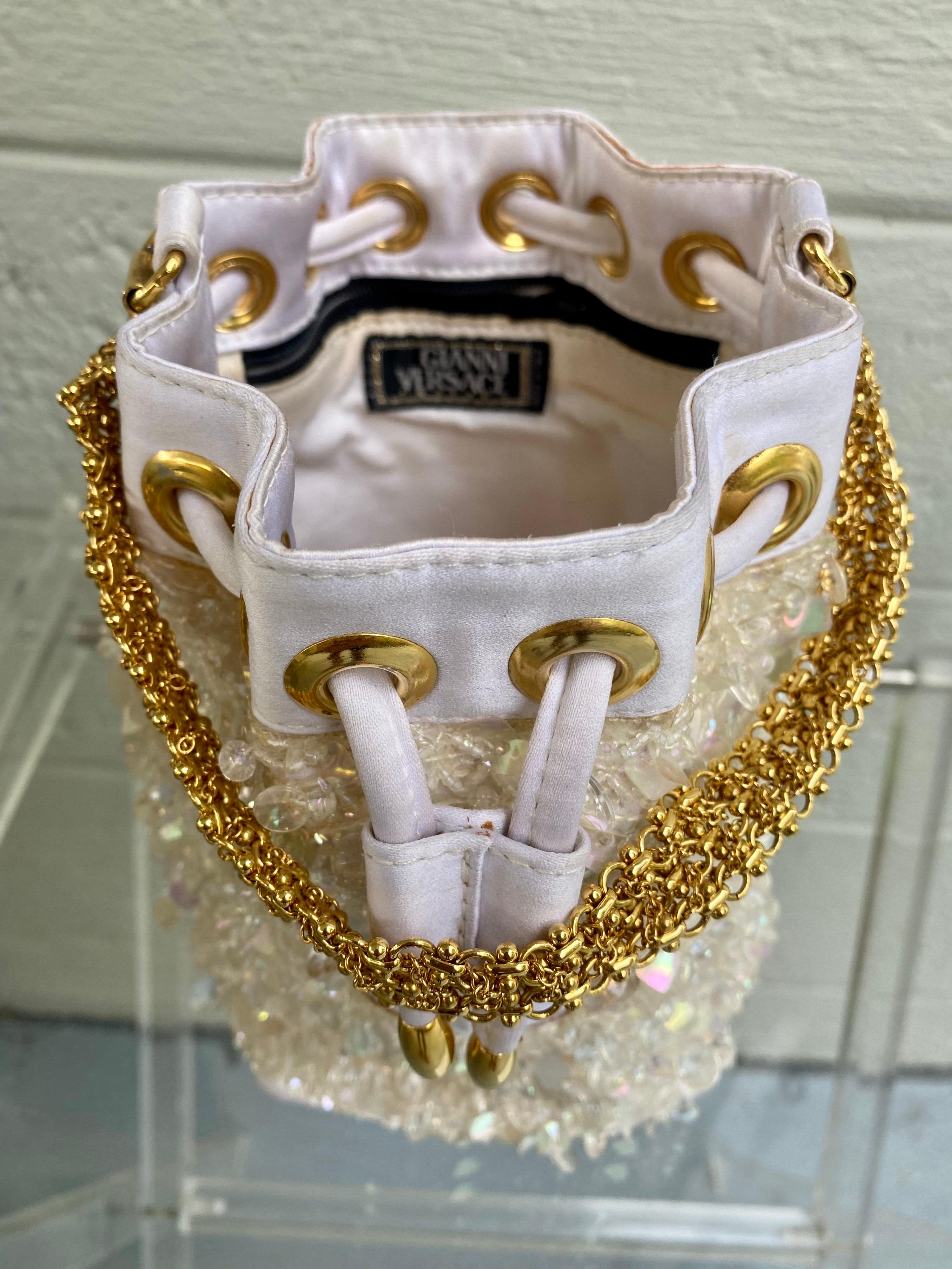 Gianni Versace Rare Vintage Sequined and Beaded Drawstring Mini Bucket Bag In Excellent Condition In Fort Lauderdale, FL