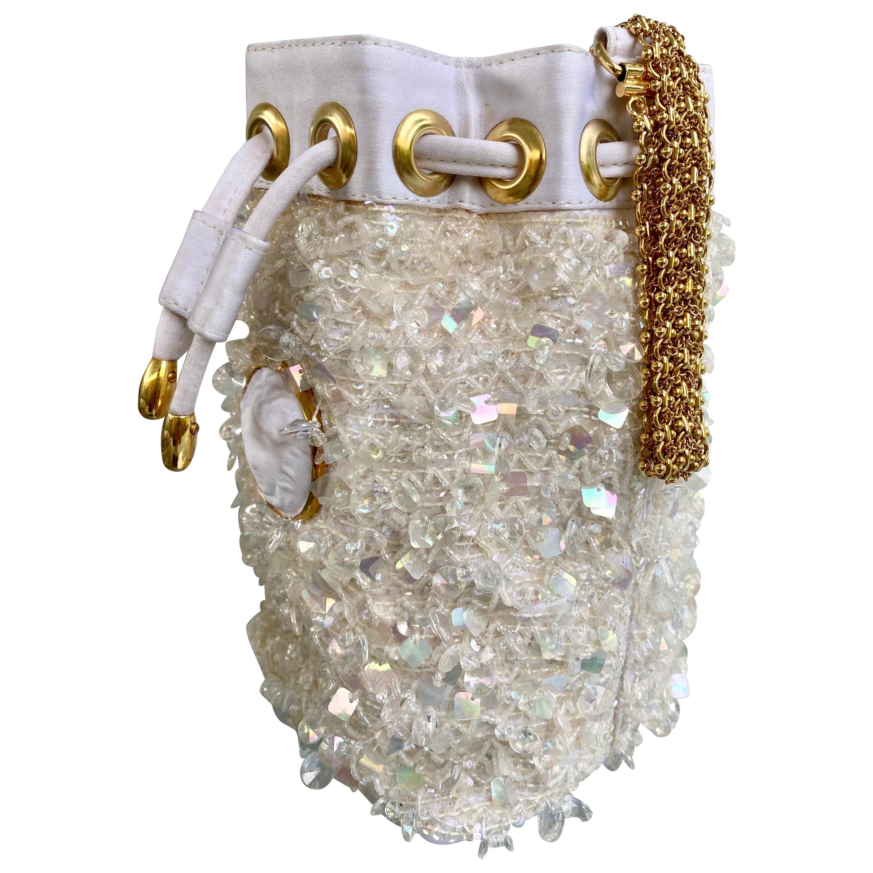 Gianni Versace Rare Vintage Sequined and Beaded Drawstring Mini Bucket Bag