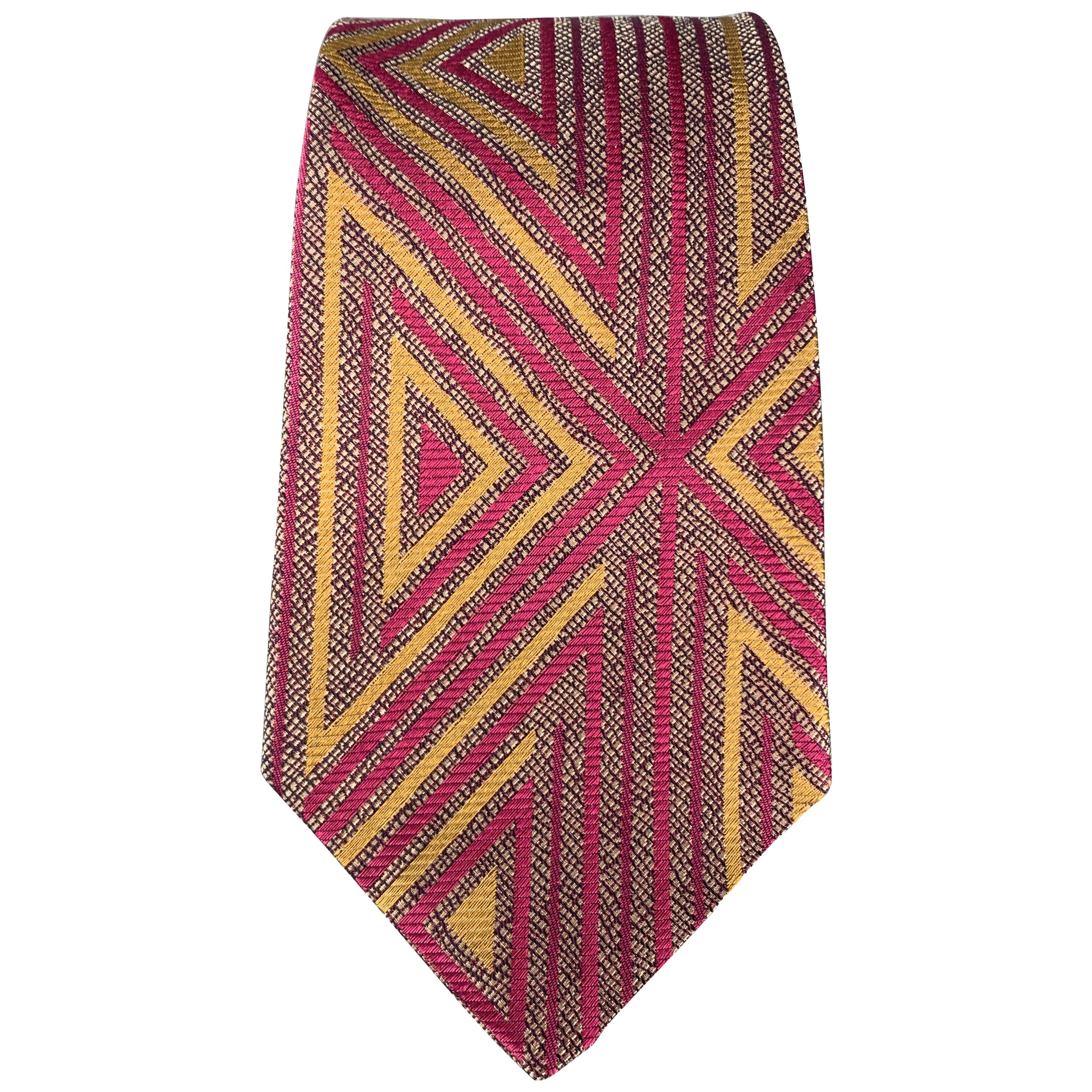 GIANNI VERSACE Raspberry & Gold Geometric Print Silk Tie