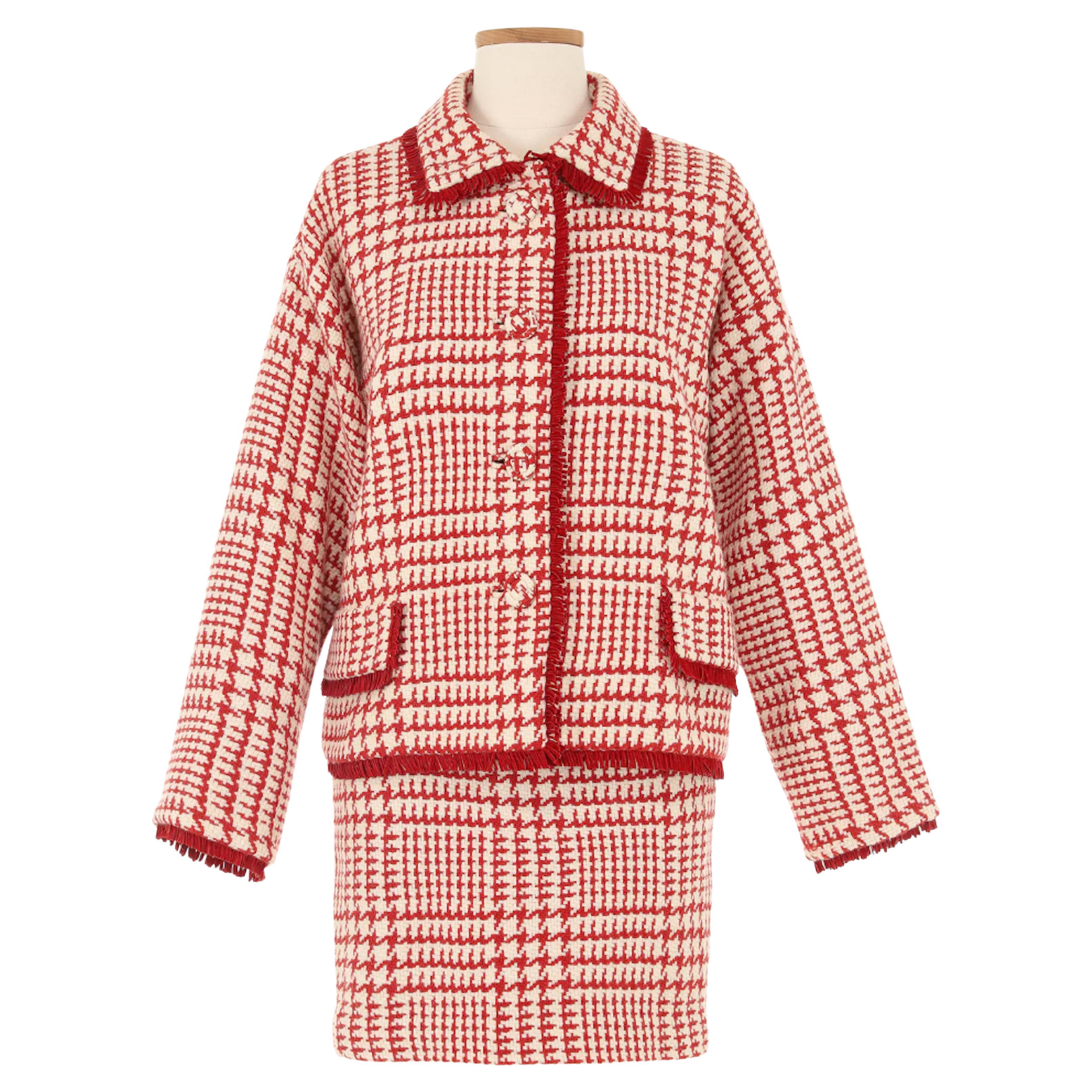 Gianni Versace Red and White Houndstooth Skirt Suit