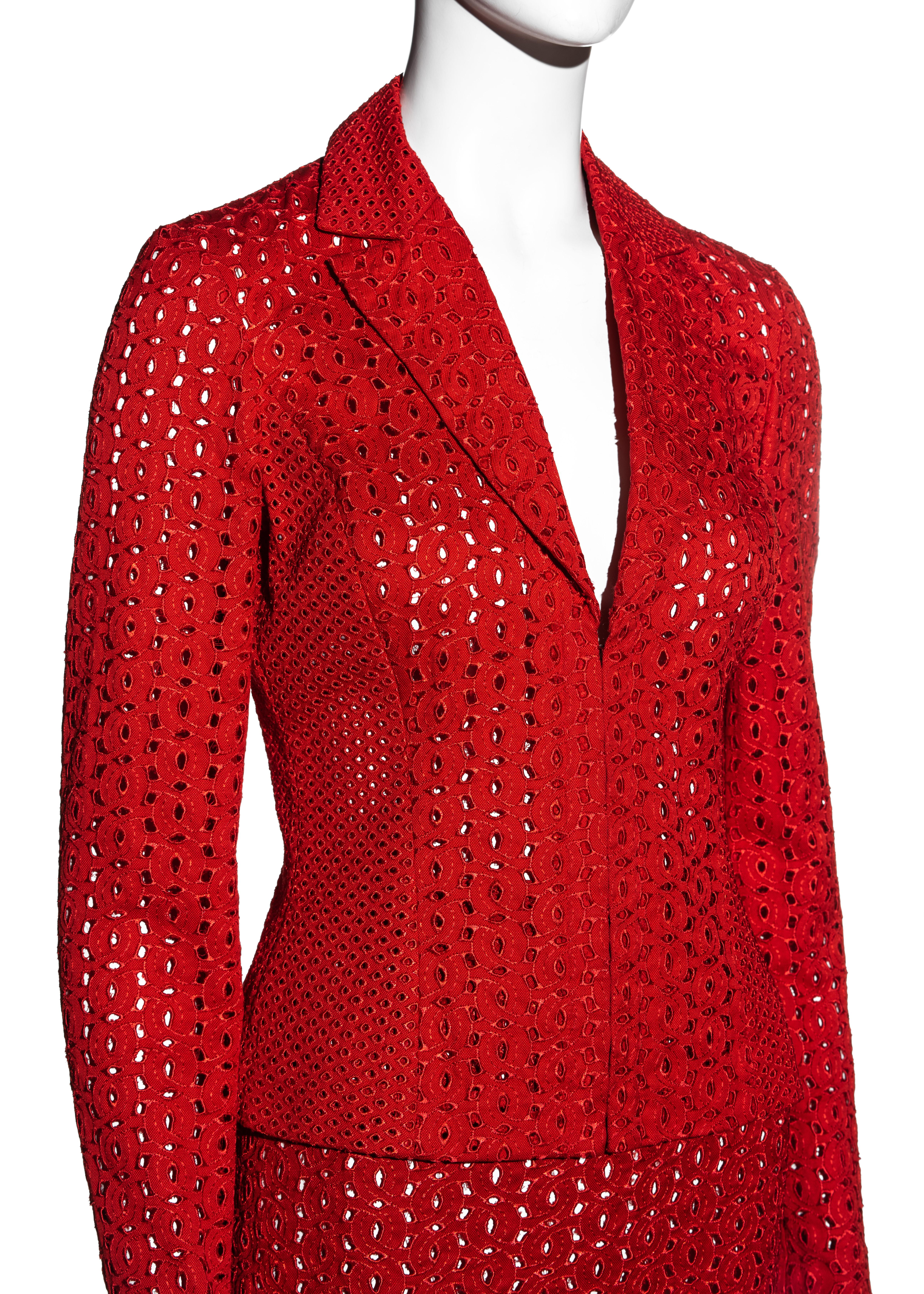 Red Gianni Versace red cotton cutwork mini skirt suit, ss 2002 For Sale