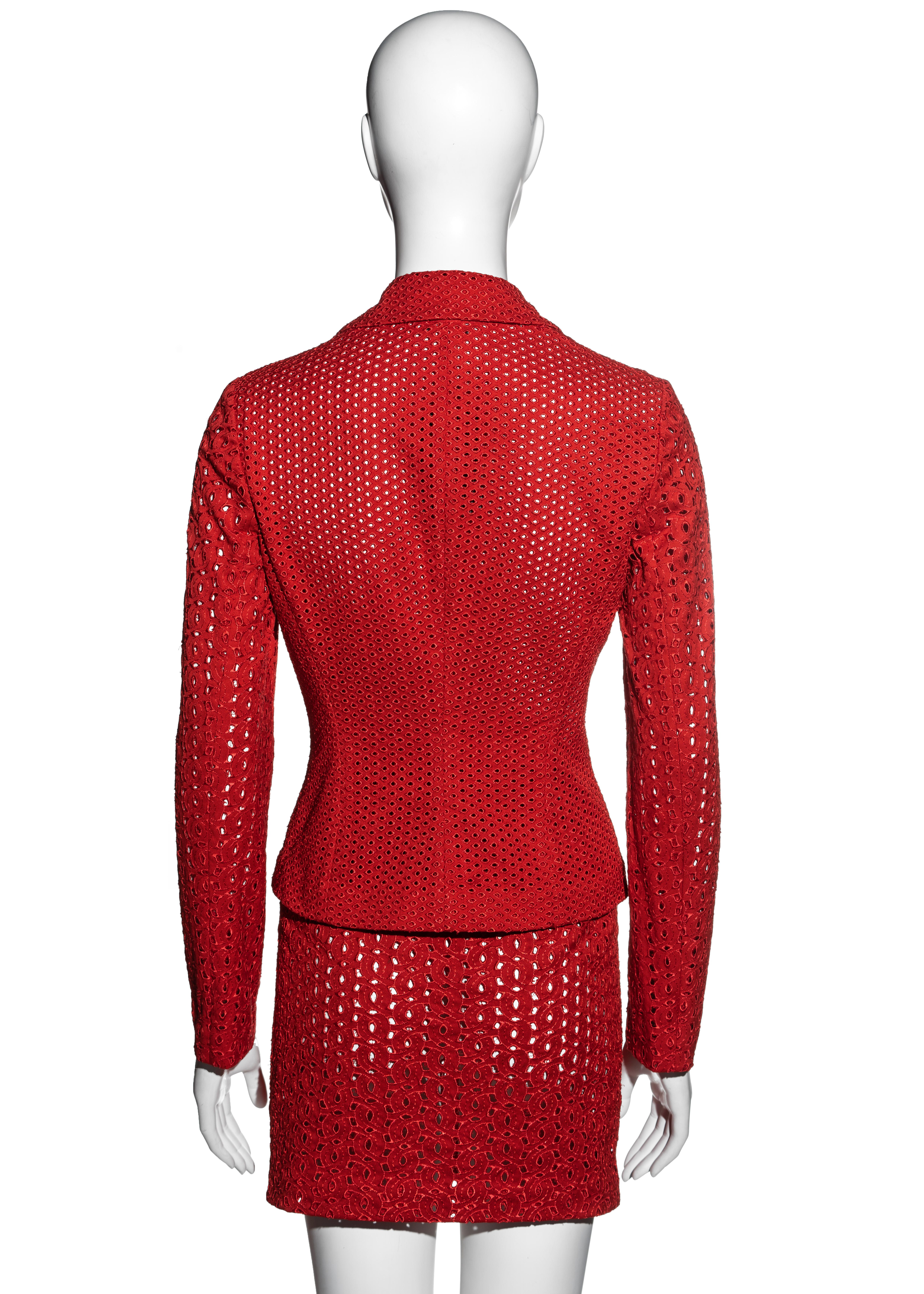 Women's Gianni Versace red cotton cutwork mini skirt suit, ss 2002 For Sale