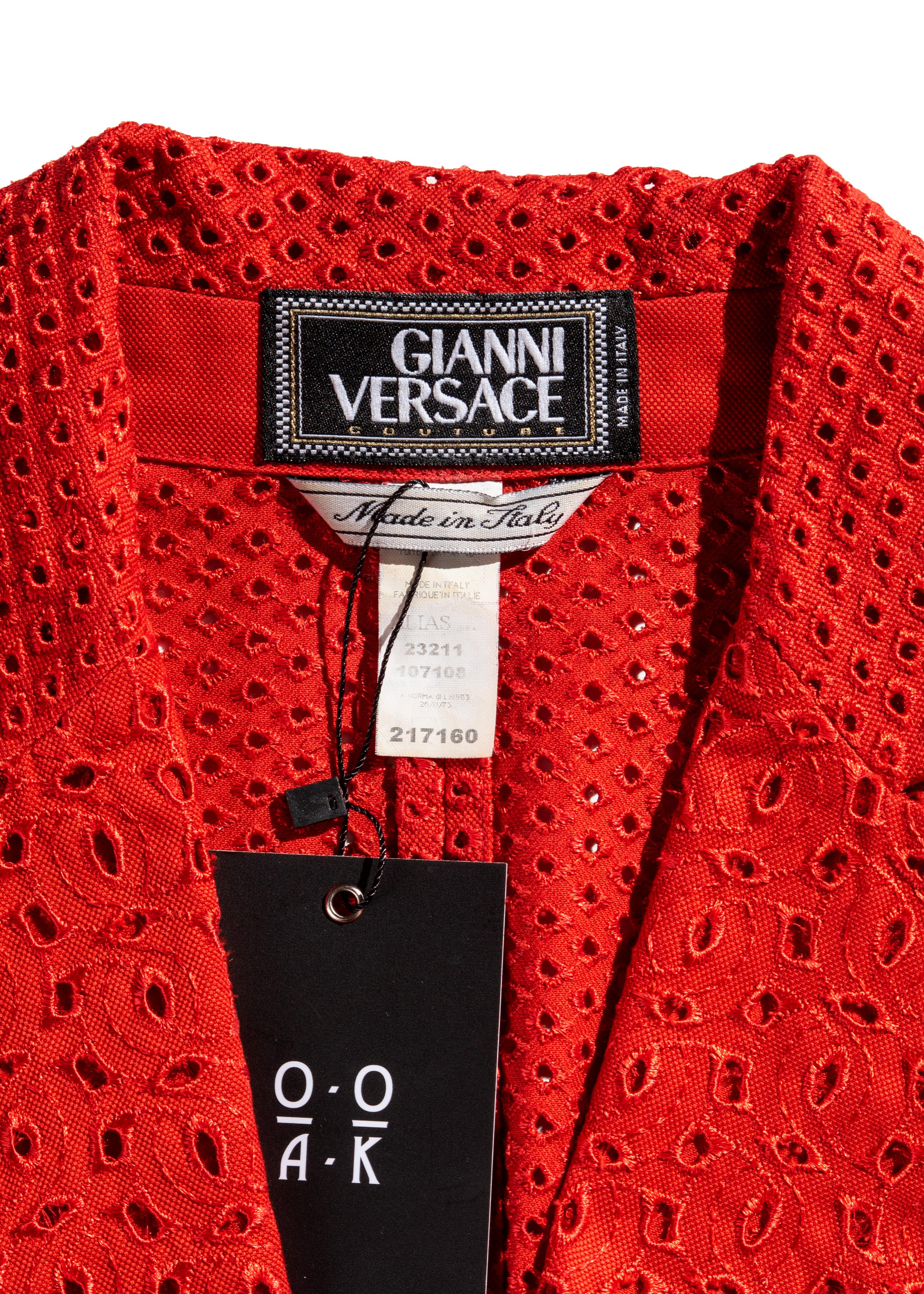 Gianni Versace red cotton cutwork mini skirt suit, ss 2002 For Sale 1