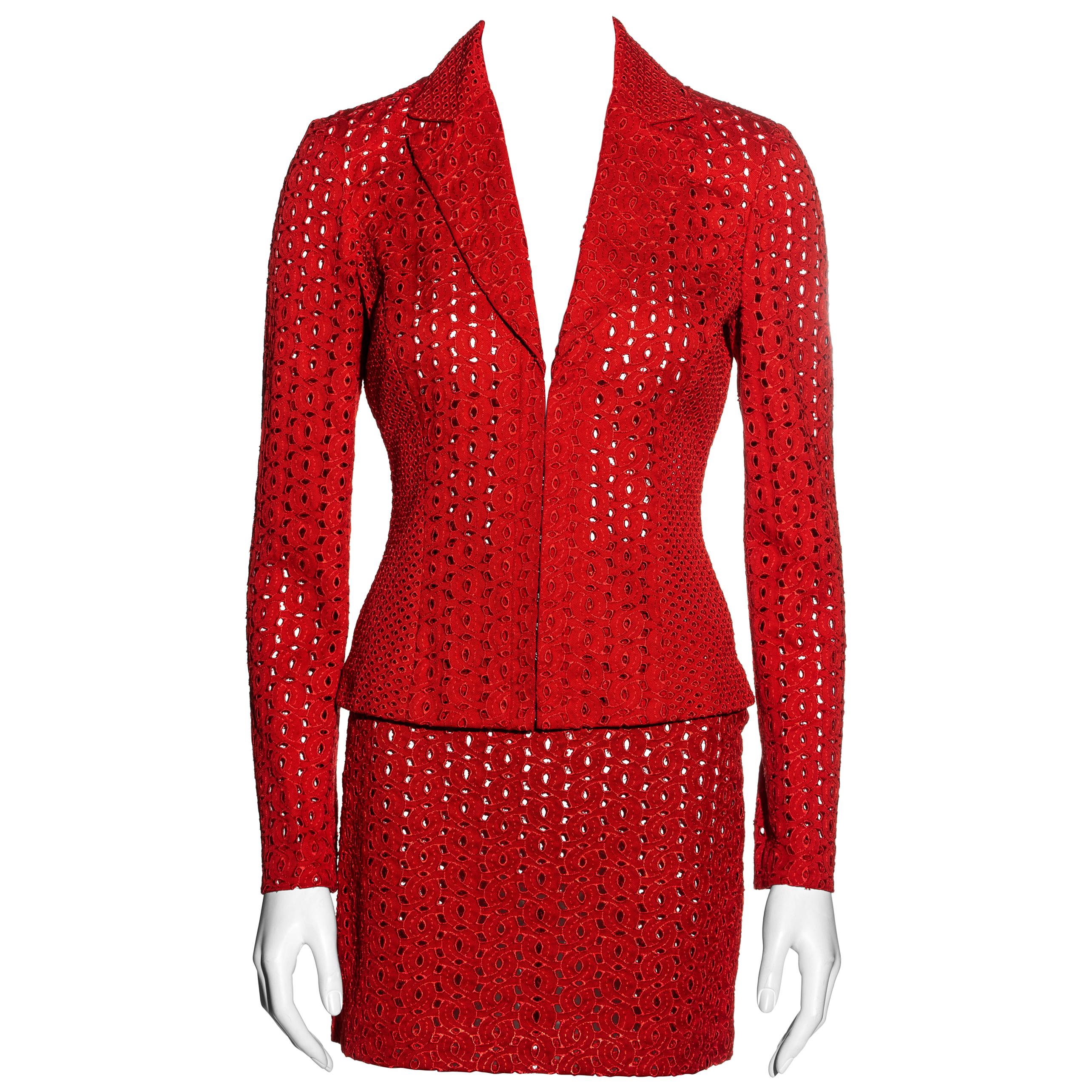 Gianni Versace red cotton cutwork mini skirt suit, ss 2002