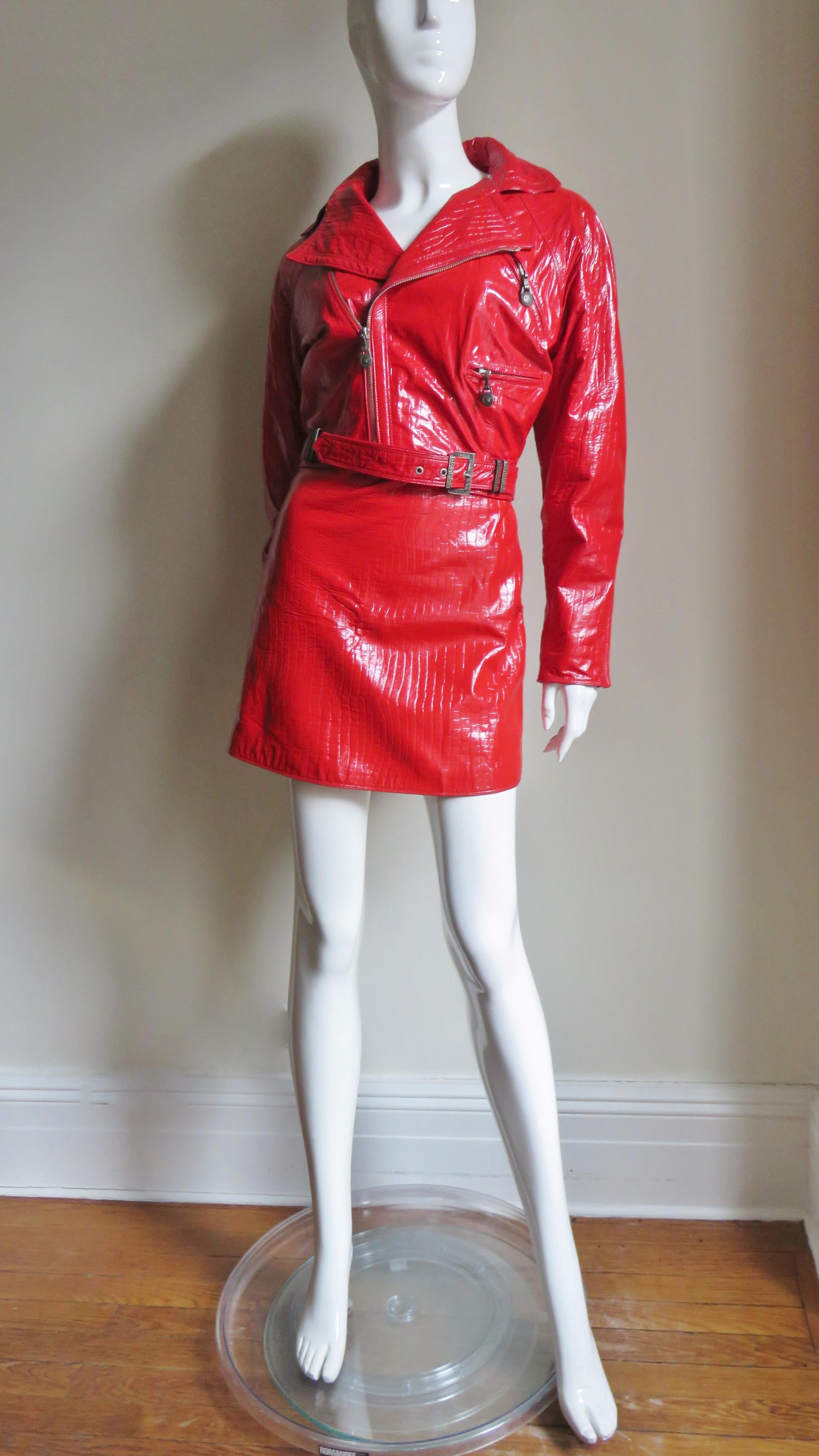 Gianni Versace Red Leather Motorcycle Jacket and Skirt A/W 1994 In Good Condition For Sale In Water Mill, NY