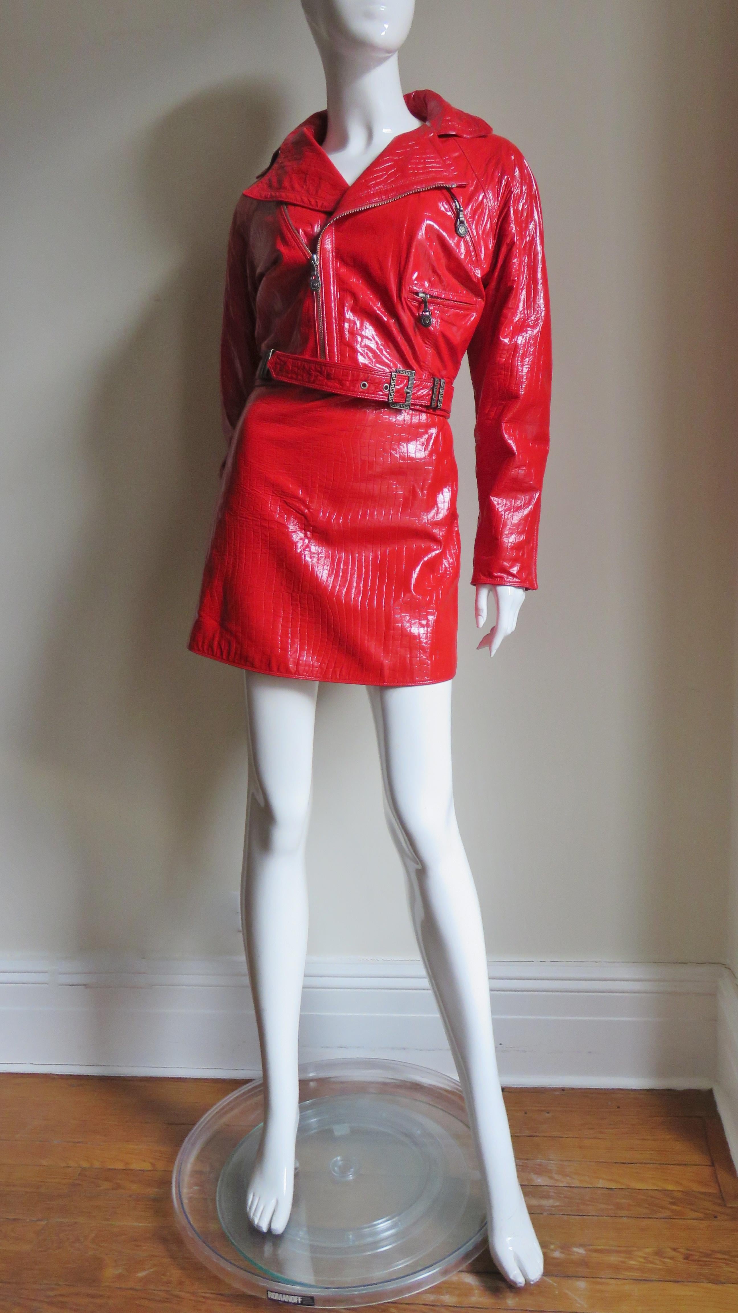 Gianni Versace Red Leather Motorcycle Jacket and Skirt A/W 1994 For Sale 1
