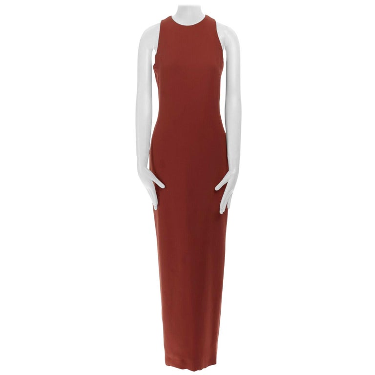 GIANNI VERSACE red round neck sleevelses minimal back vent maxi gown dress IT40 For Sale