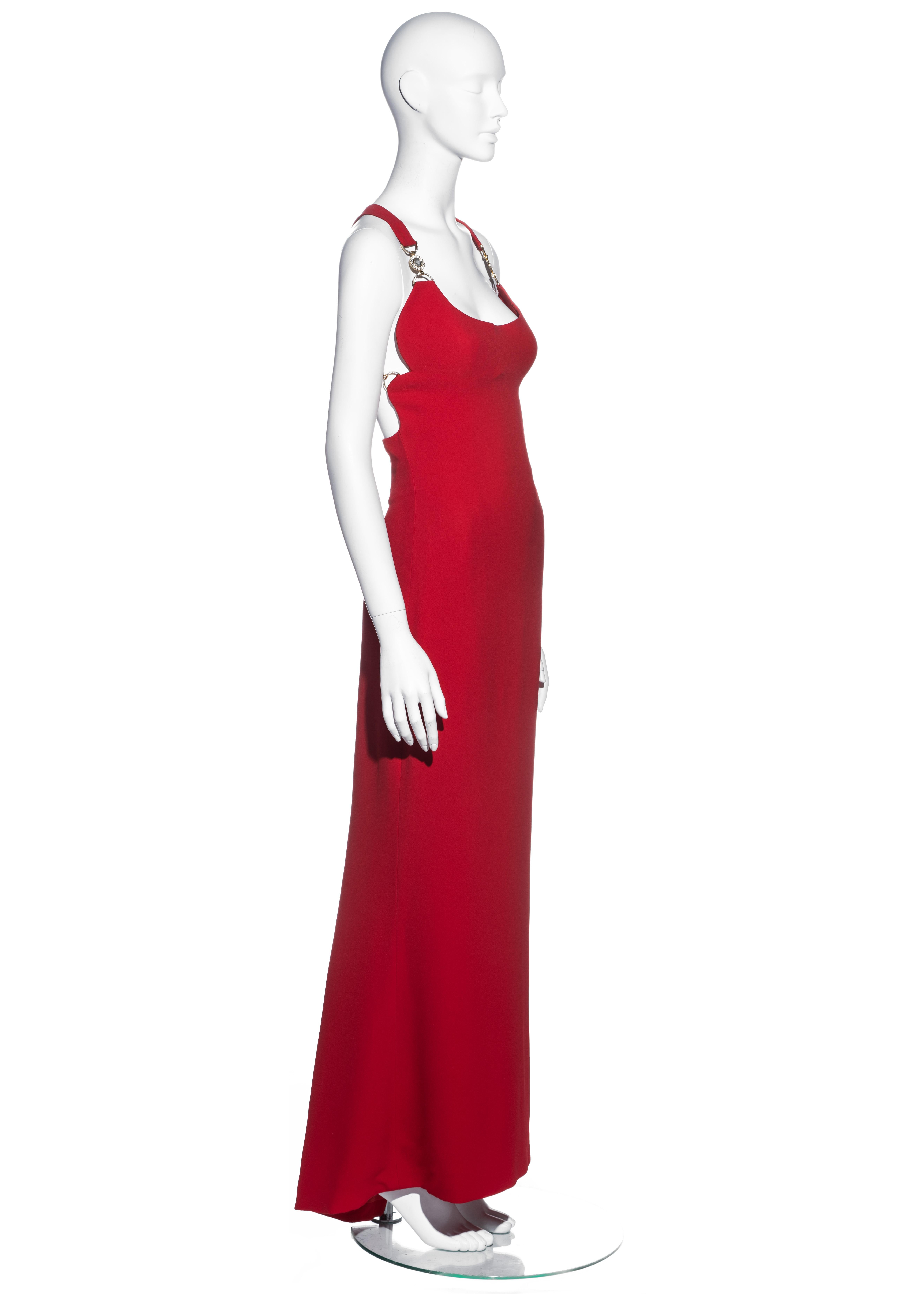 Red Gianni Versace red silk evening maxi dress with crystal medusa straps, fw 1996 For Sale