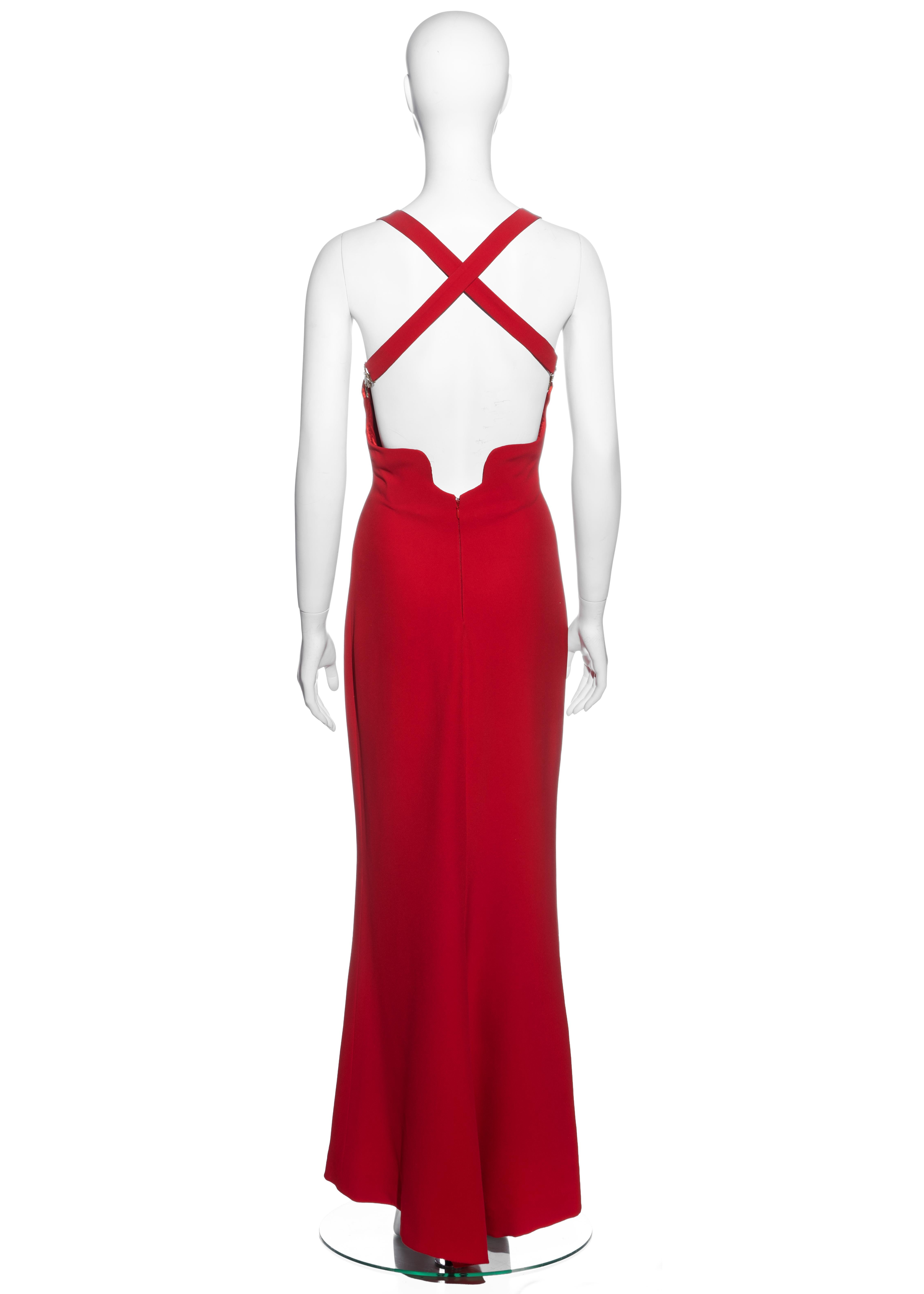 Women's Gianni Versace red silk evening maxi dress with crystal medusa straps, fw 1996 For Sale