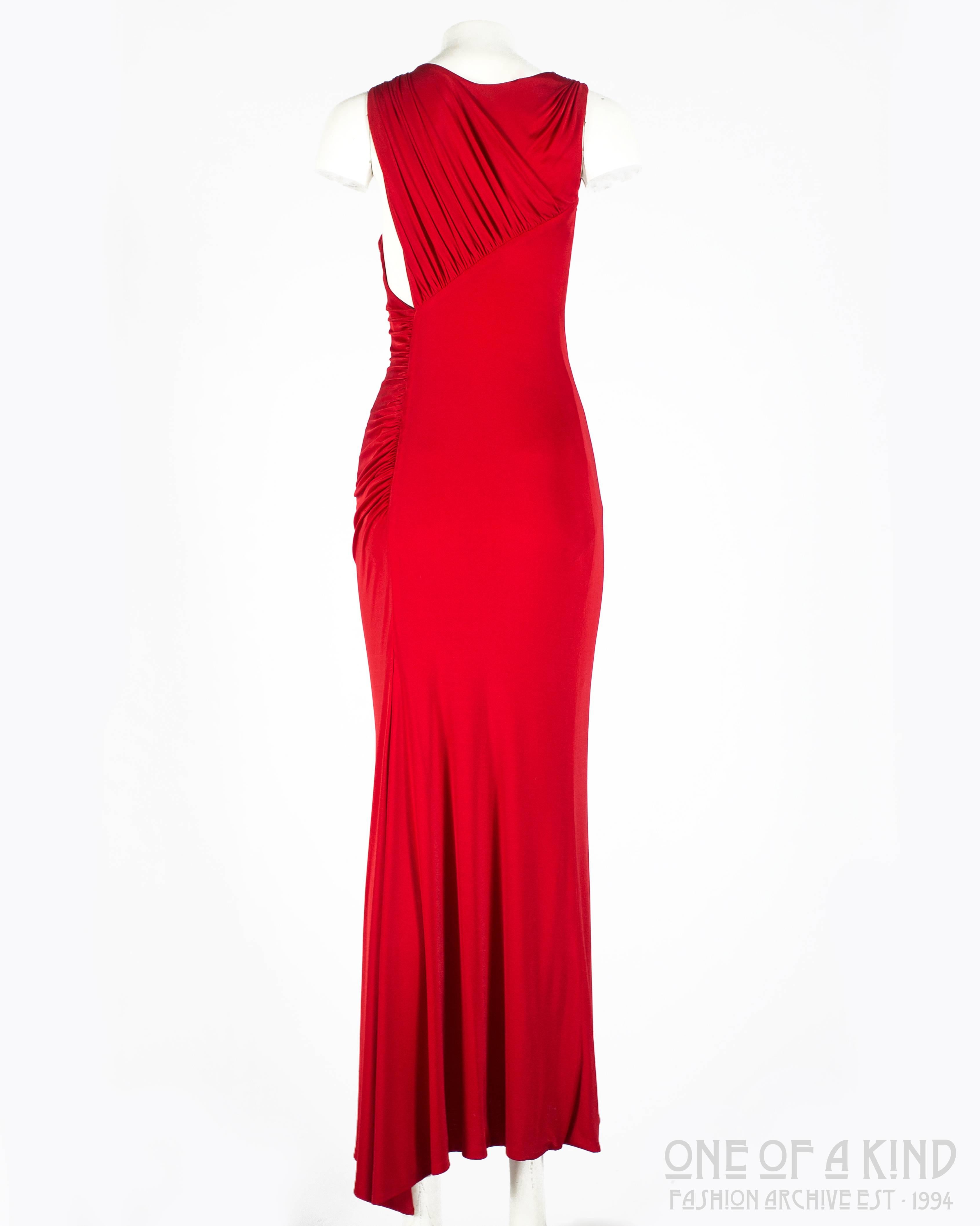Gianni Versace red silk jersey pleated full length evening dress with internal bodysuit and pleated bodice at the back

circa 1990s