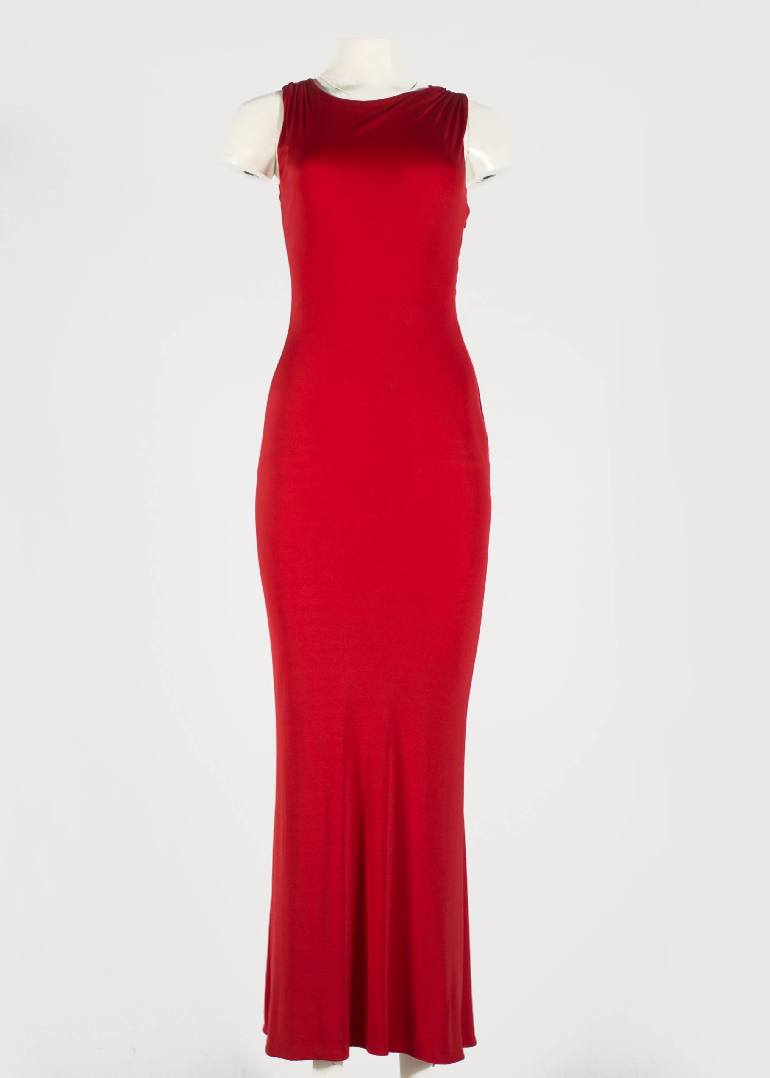 Red Gianni Versace red silk jersey pleated full length evening dress, 1990s For Sale