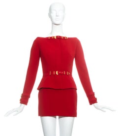 Gianni Versace red wool boat neck bondage mini skirt suit, fw 1992