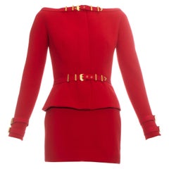 Gianni Versace red wool boat neck bondage mini skirt suit, fw 1992