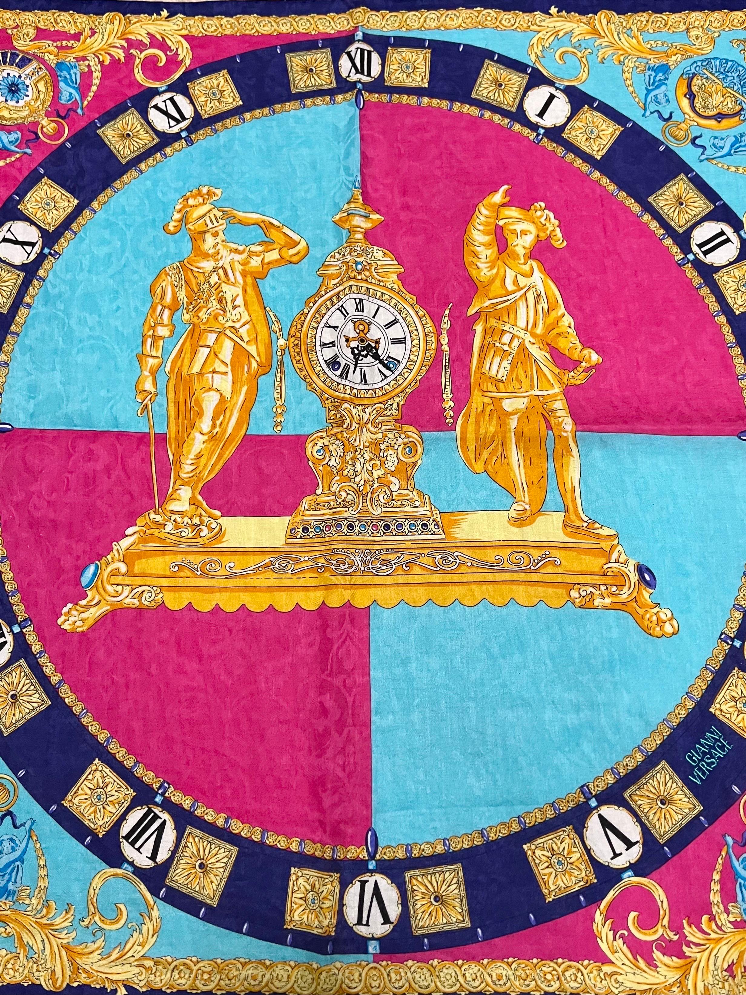 Gianni Versace Roman Clock early 1990's Scarf. Featuring Baroque multi-colored Roman Clock Numerals around cherubs and gold time keepers in the middle. 

Size: 20.5