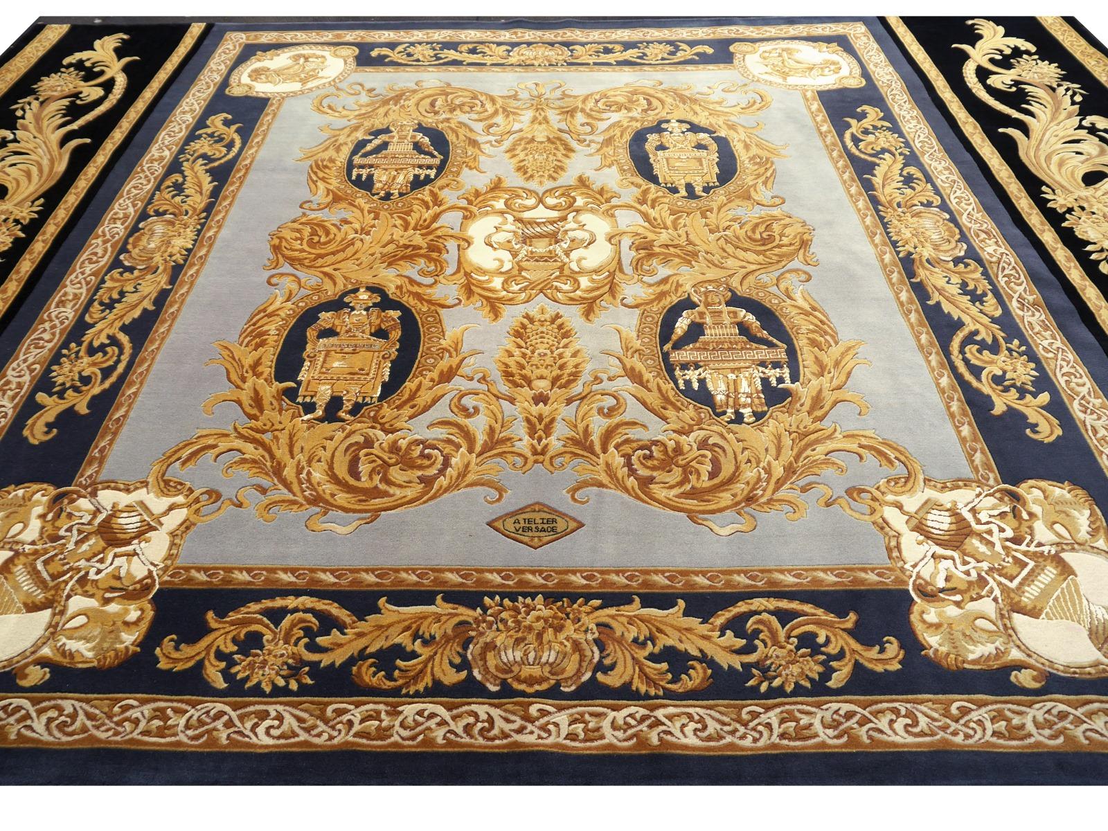 Gianni Versace rug Home Signature Collection black gray gold 

A beautiful and rare large size Gianni Versace carpet.

Hand knotted in China, pile is wool and silk combination.

This rug stands out of most offered Versace rugs on the market,