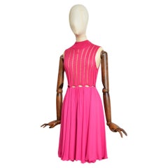 Gianni Versace Runway c.1993 Hot Pink Fuchsia Crochet Knit Cut out pleated Dress