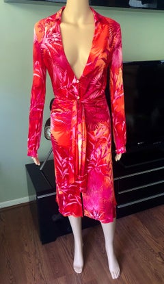 Gianni Versace Runway S/S 2000 Vintage Tropical Print Plunging Neckline Dress