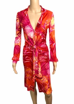 Gianni Versace Runway S/S 2000 Vintage Tropical Print Plunging Neckline Dress